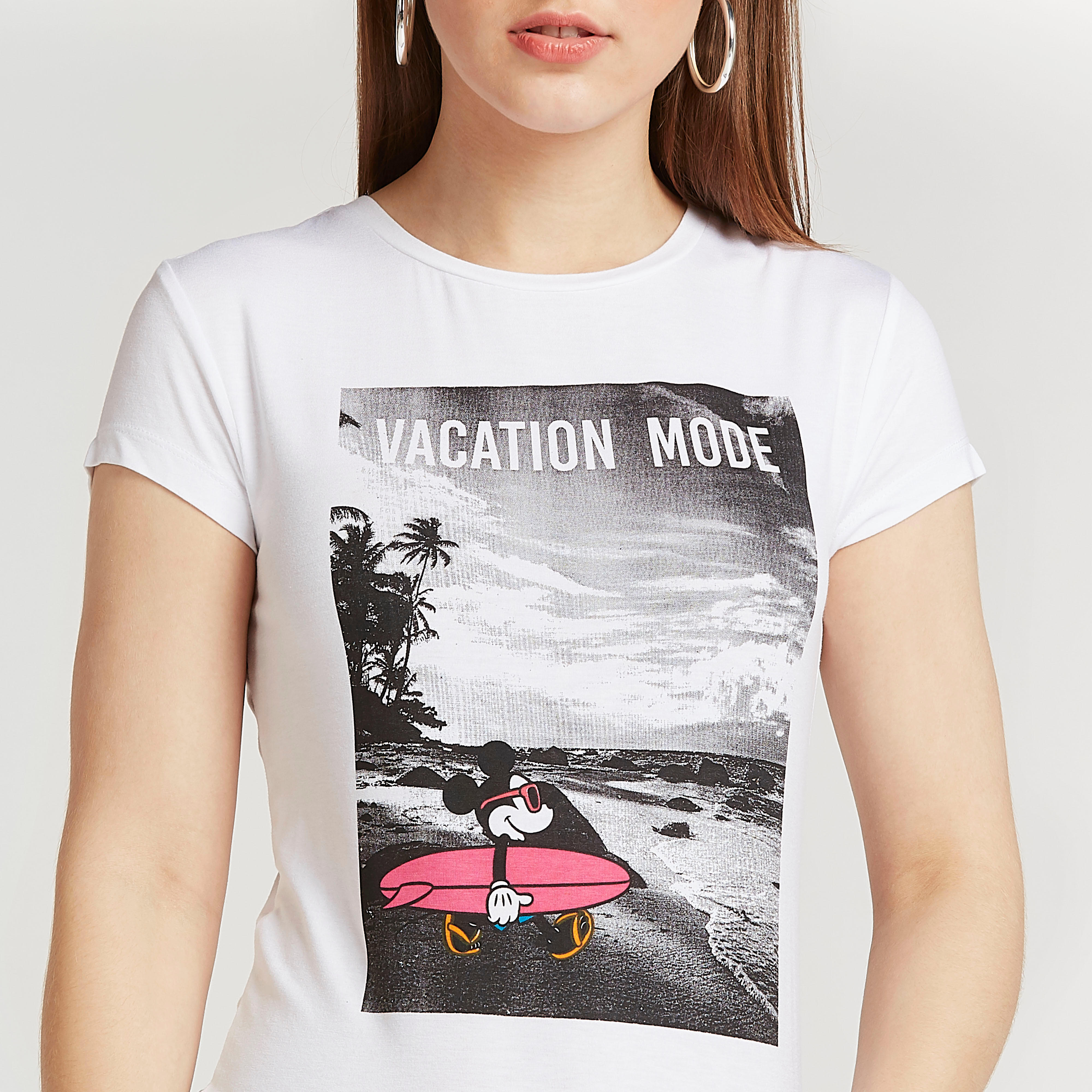 Mickey Mouse Print T-shirt with Crew Neck and Cap Sleeves-women-clothing-tshirts-image-3