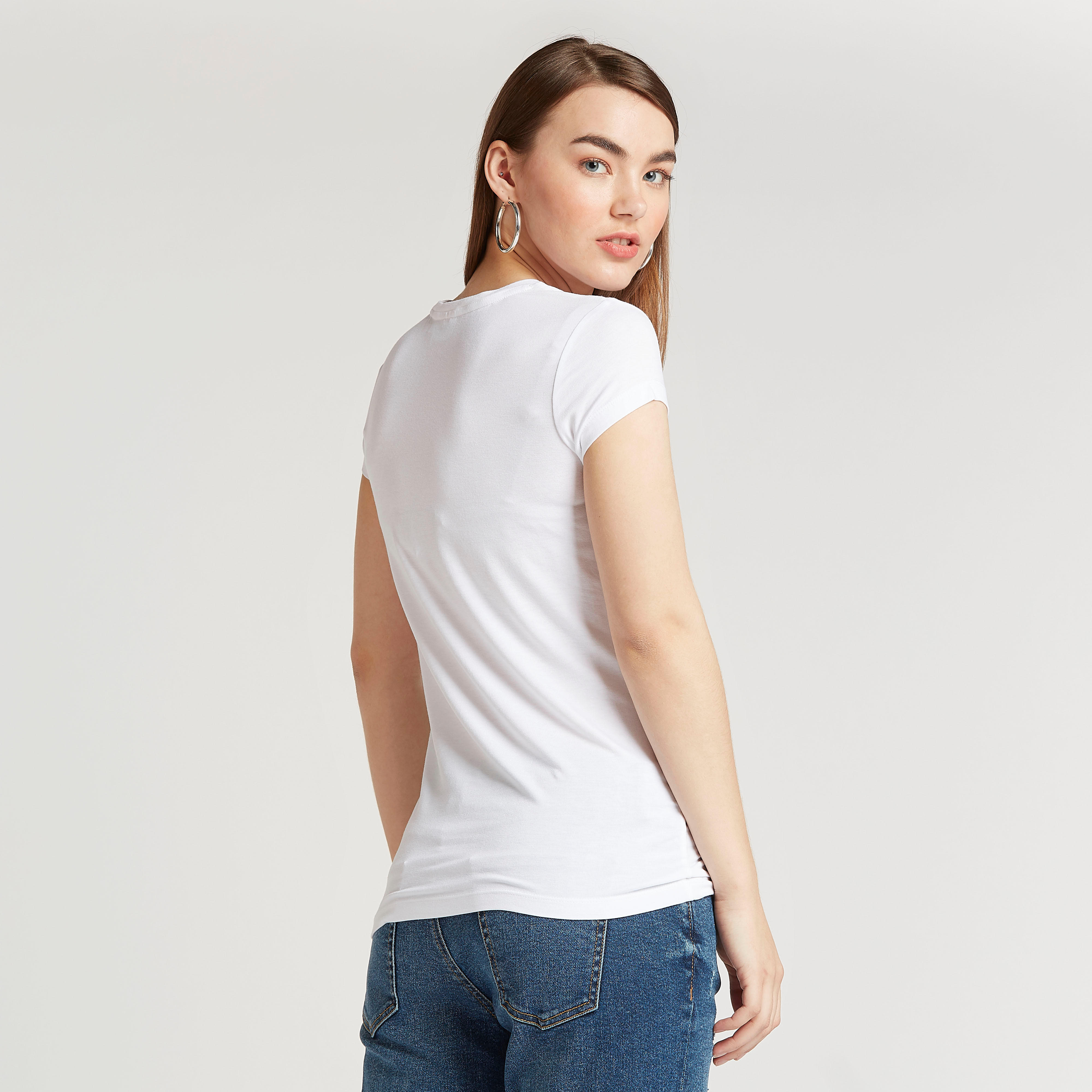 Mickey Mouse Print T-shirt with Crew Neck and Cap Sleeves-women-clothing-tshirts-image-4