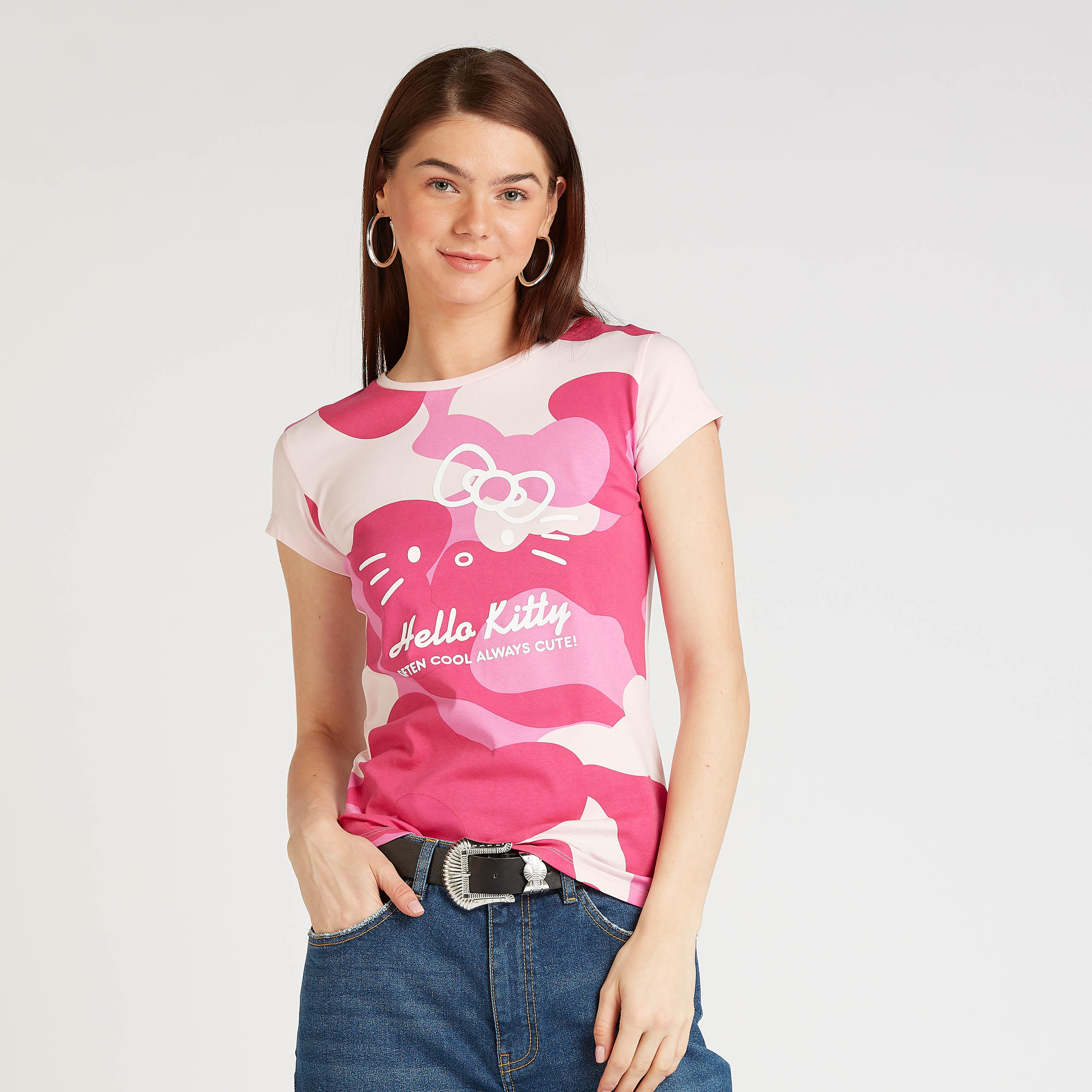 Skinny Fit Hello Kitty Print T-shirt with Crew Neck and Cap Sleeves-women-clothing-tshirts-image-1