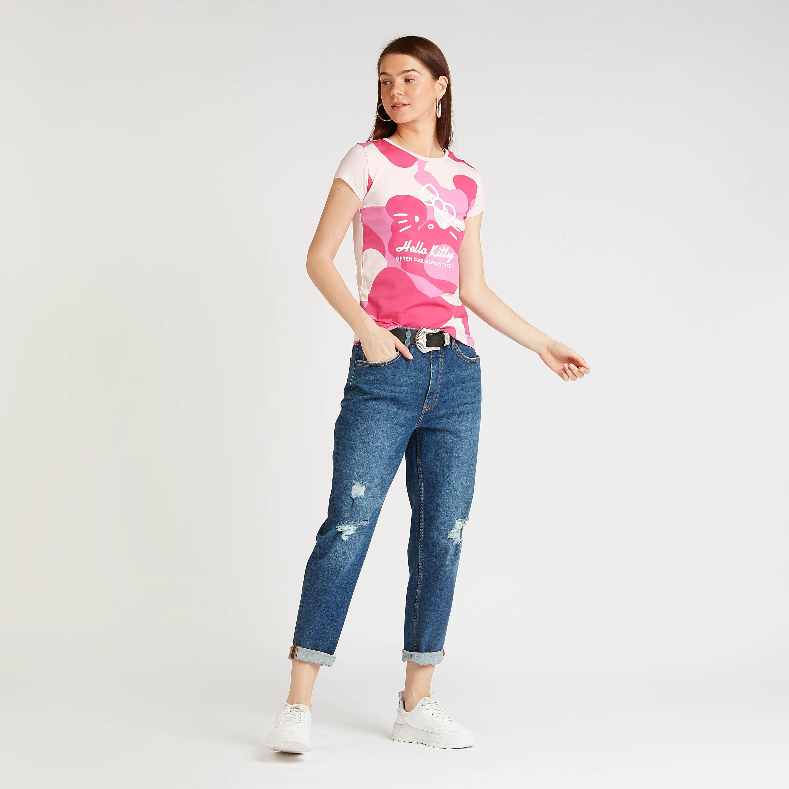 Skinny Fit Hello Kitty Print T-shirt with Crew Neck and Cap Sleeves-women-clothing-tshirts-image-2