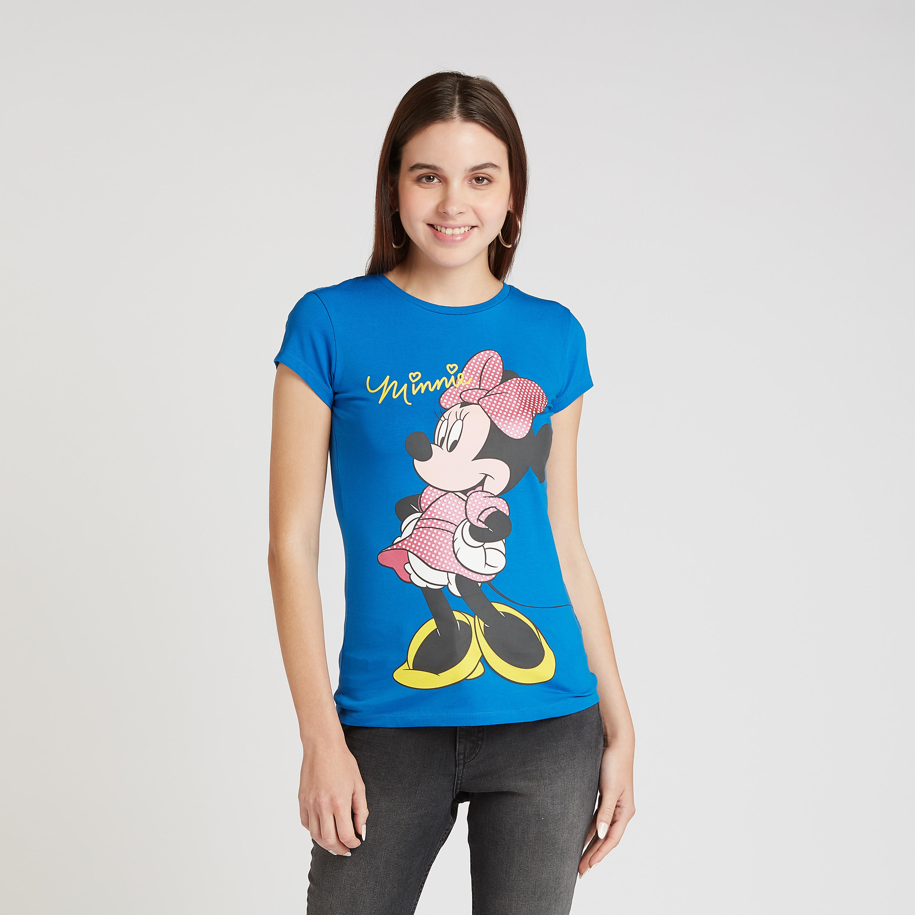 تيشيرت سكيني بياقة ضيّقة وأكمام كاب وطبعات ميني ماوس-women-clothing-tshirts-image-1