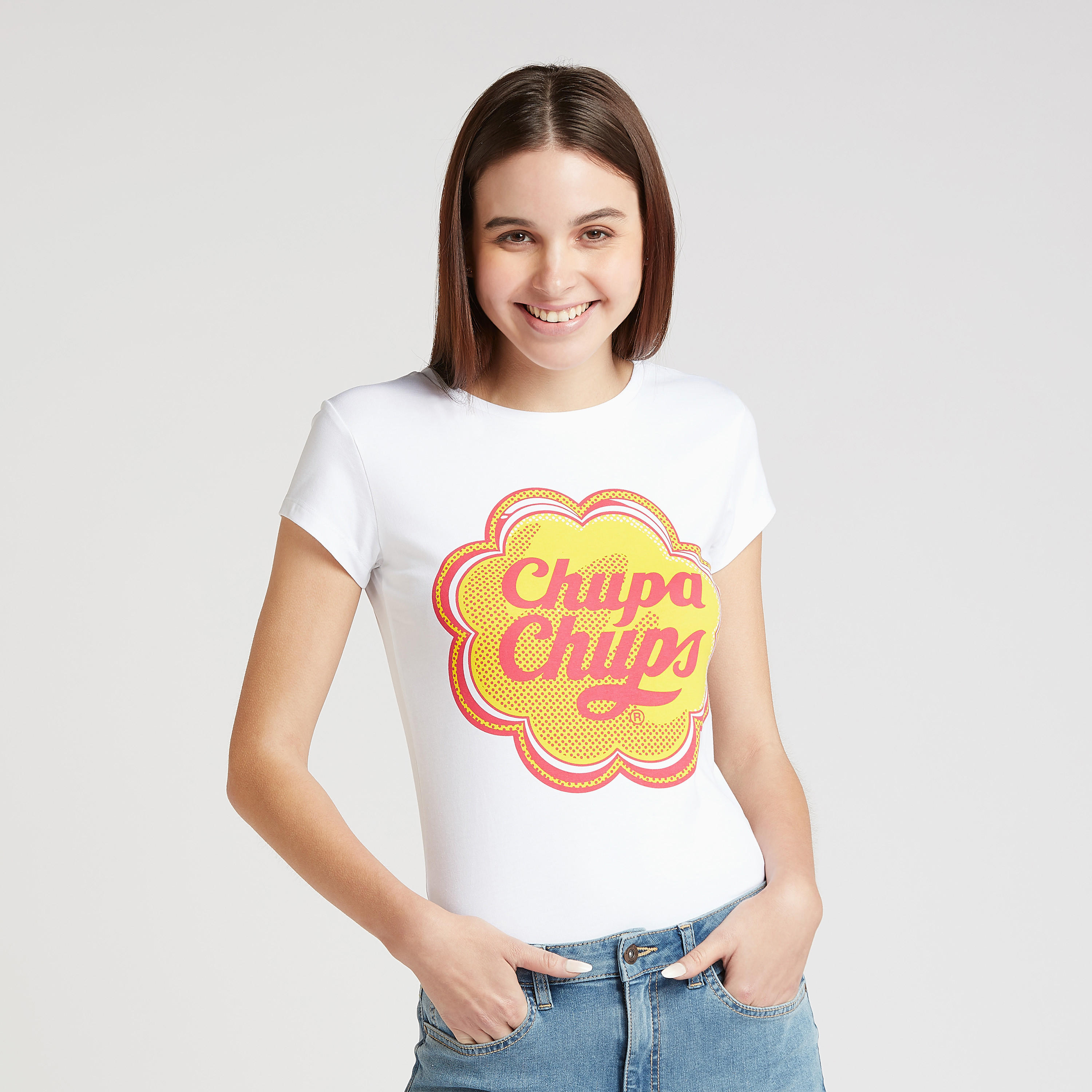 Skinny Fit Chupa Chups Print T-shirt with Round Neck and Cap Sleeves-women-clothing-tshirts-image-1
