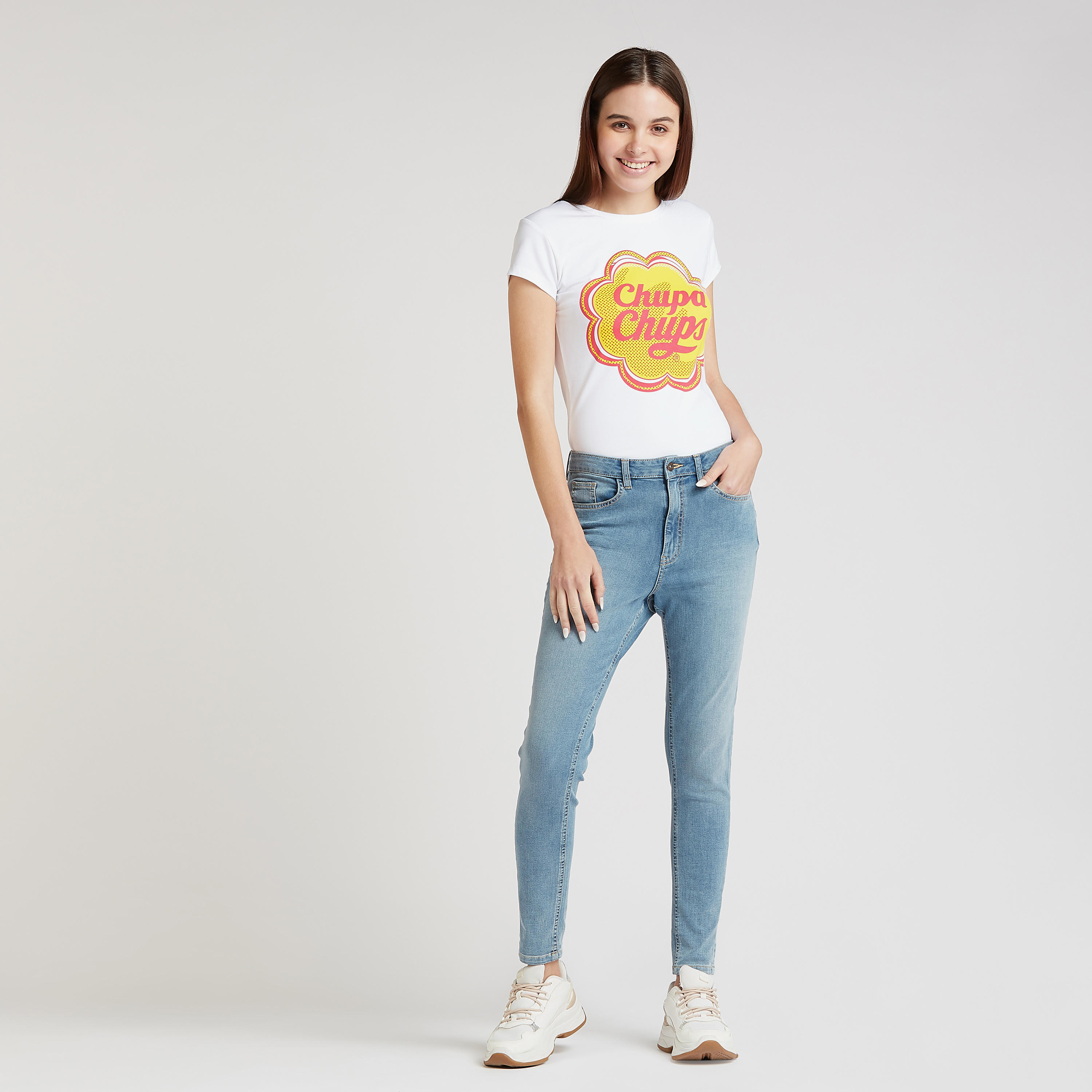 Skinny Fit Chupa Chups Print T-shirt with Round Neck and Cap Sleeves-women-clothing-tshirts-image-2