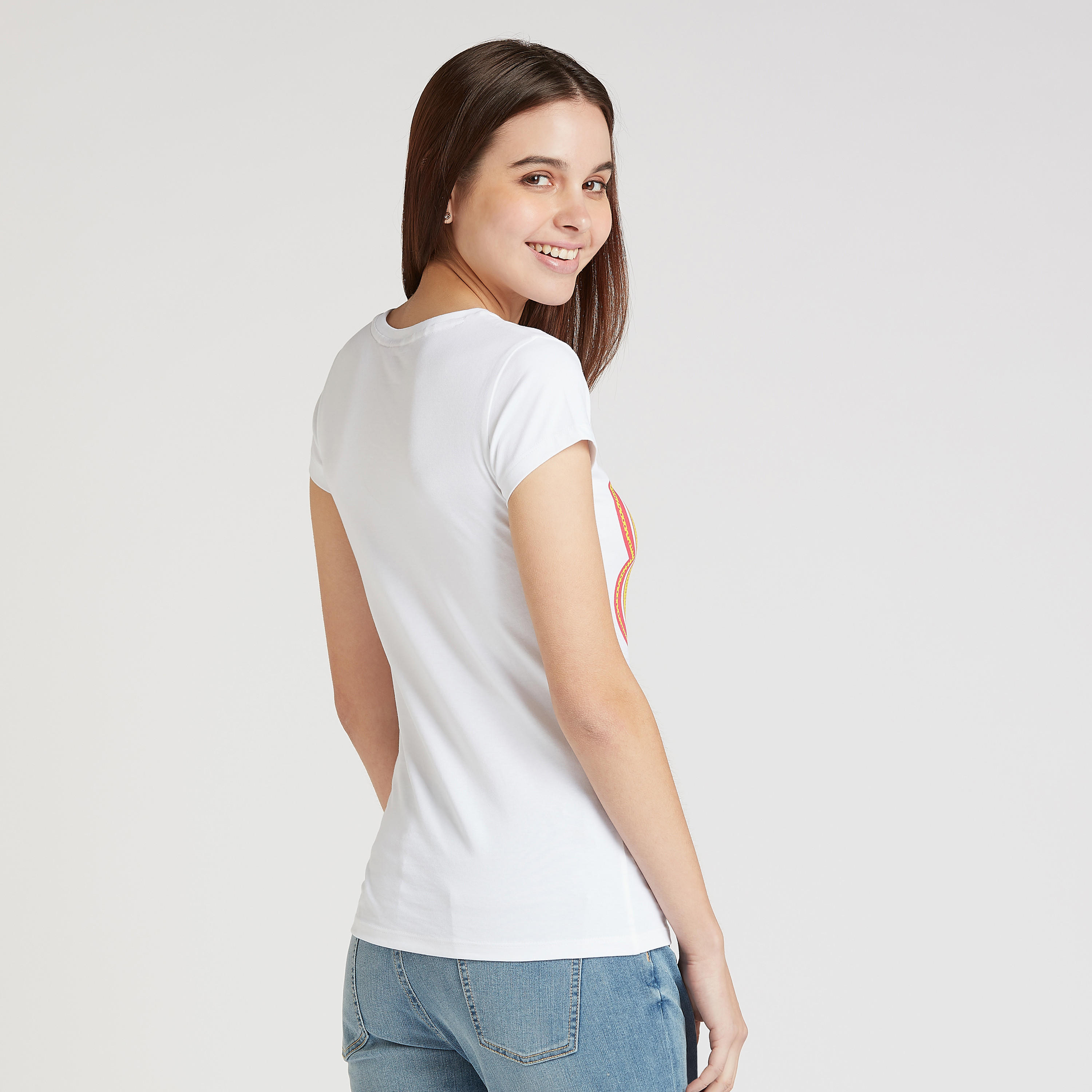 Skinny Fit Chupa Chups Print T-shirt with Round Neck and Cap Sleeves-women-clothing-tshirts-image-3