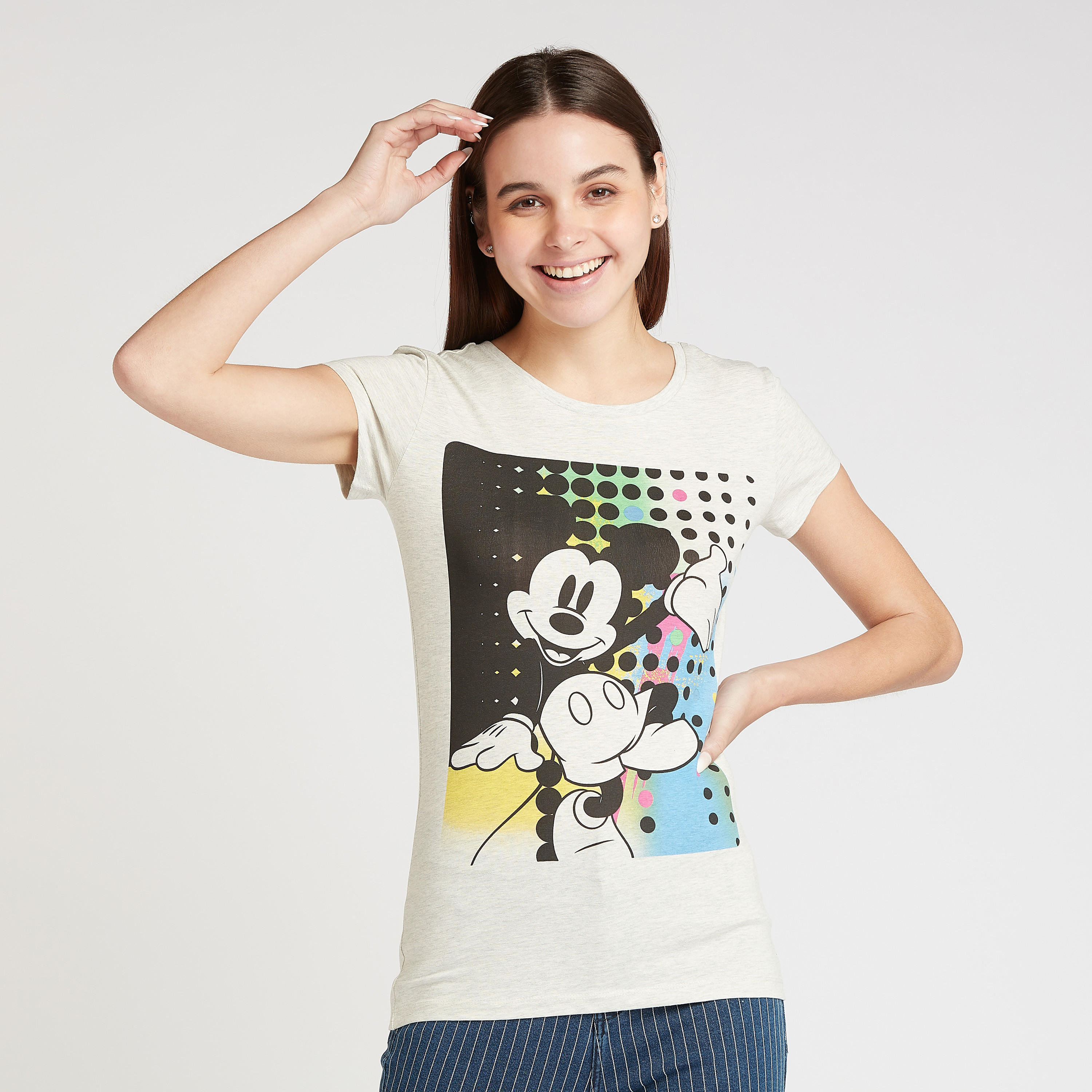 تيشيرت سكيني بطبعات ميكي ماوس بياقة مستديرة وأكمام كاب-women-clothing-tshirts-image-1