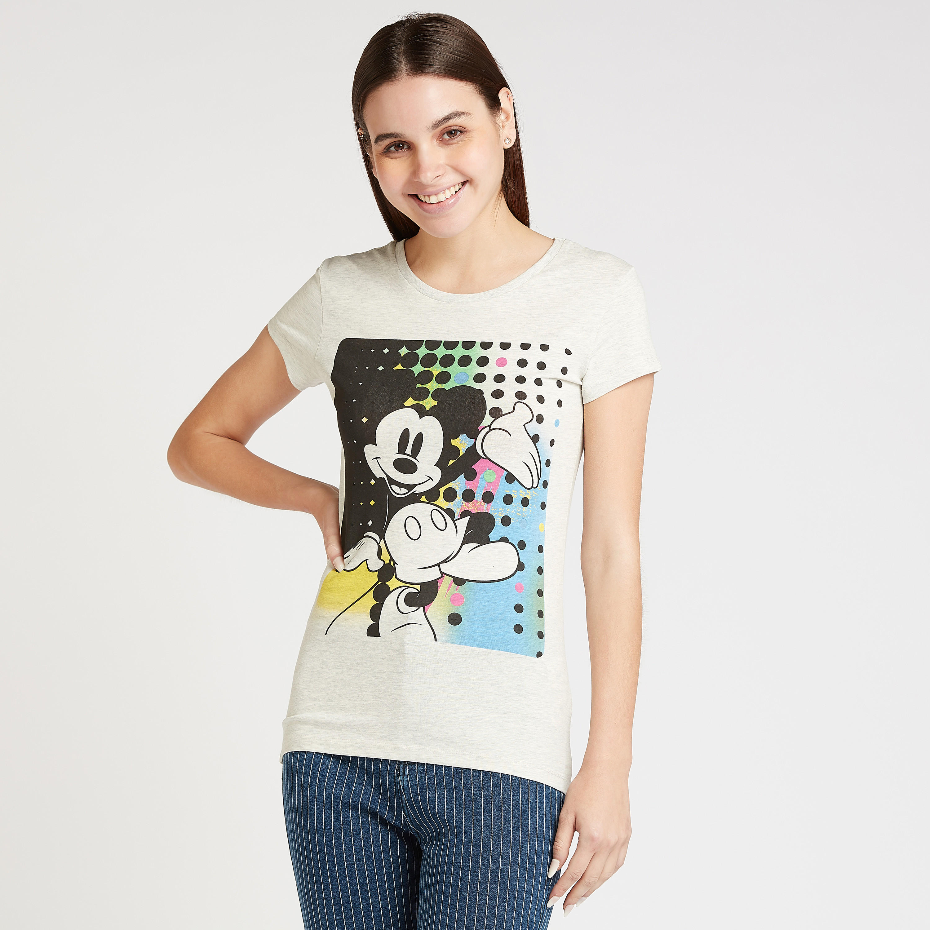 تيشيرت سكيني بطبعات ميكي ماوس بياقة مستديرة وأكمام كاب-women-clothing-tshirts-image-5