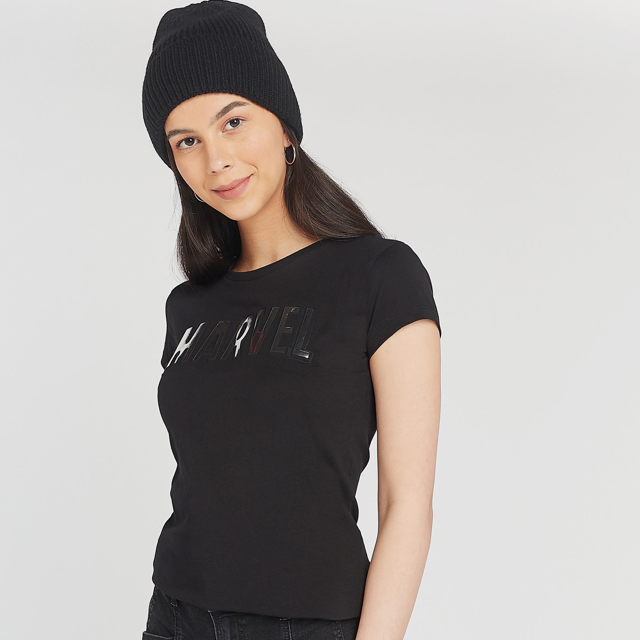 Skinny Fit Marvel Textured T-shirt with Crew Neck-women-clothing-tshirts-image-1
