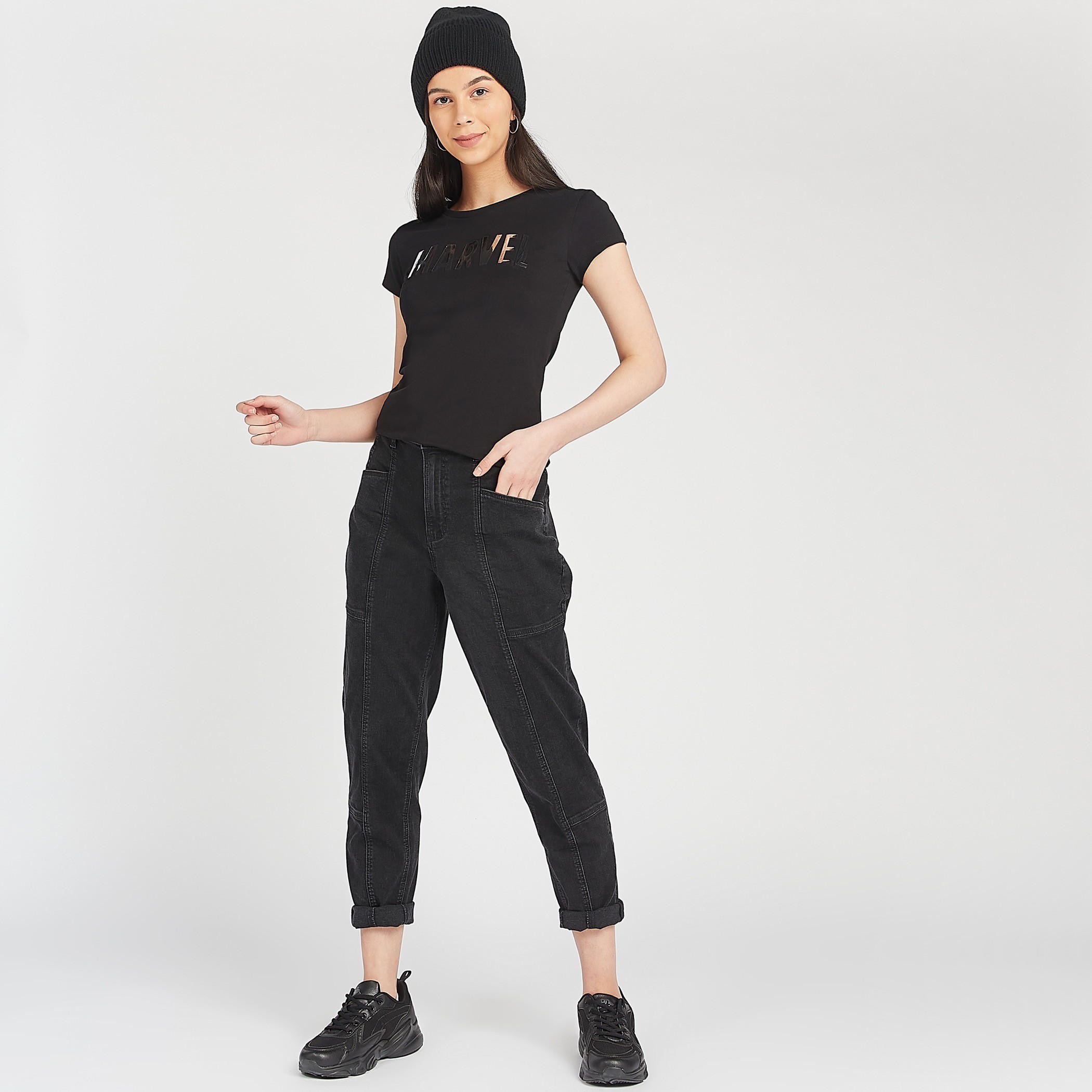 Skinny Fit Marvel Textured T-shirt with Crew Neck-women-clothing-tshirts-image-2