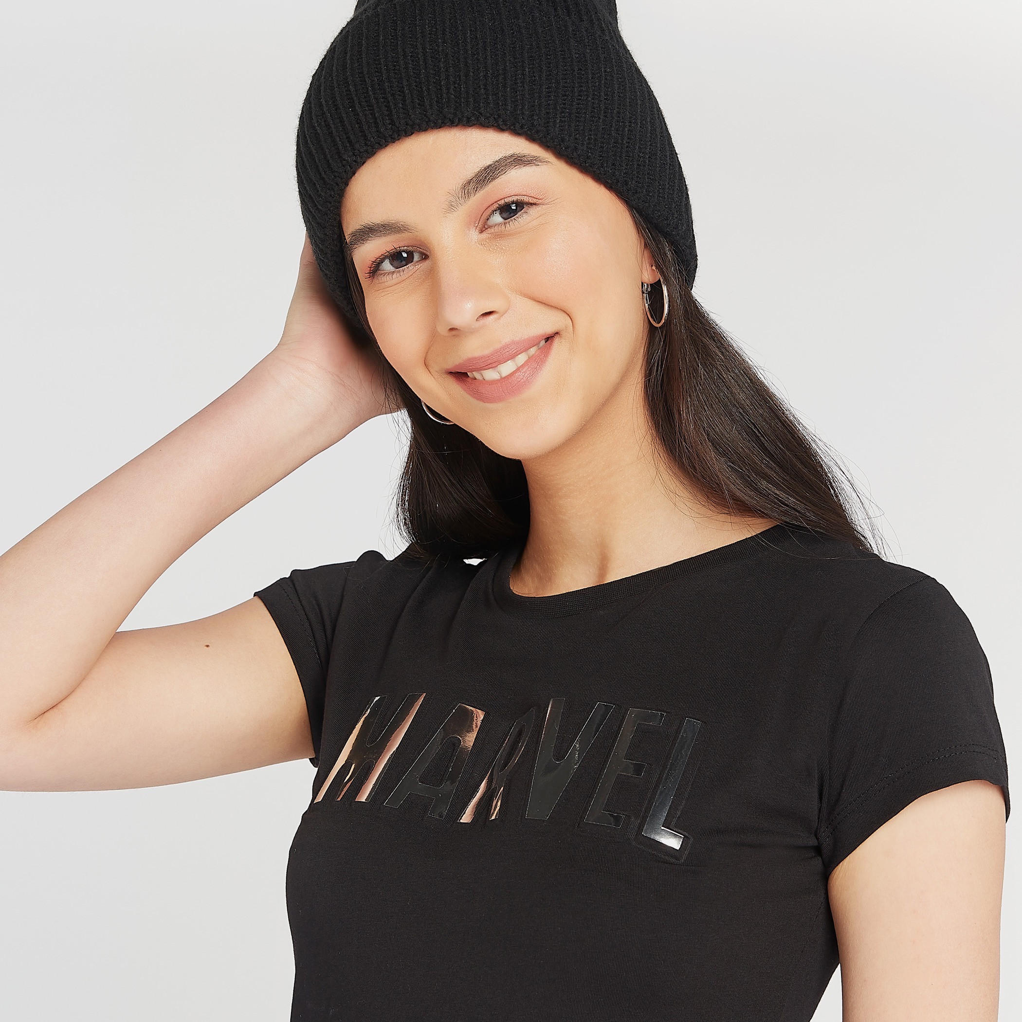 Skinny Fit Marvel Textured T-shirt with Crew Neck-women-clothing-tshirts-image-3