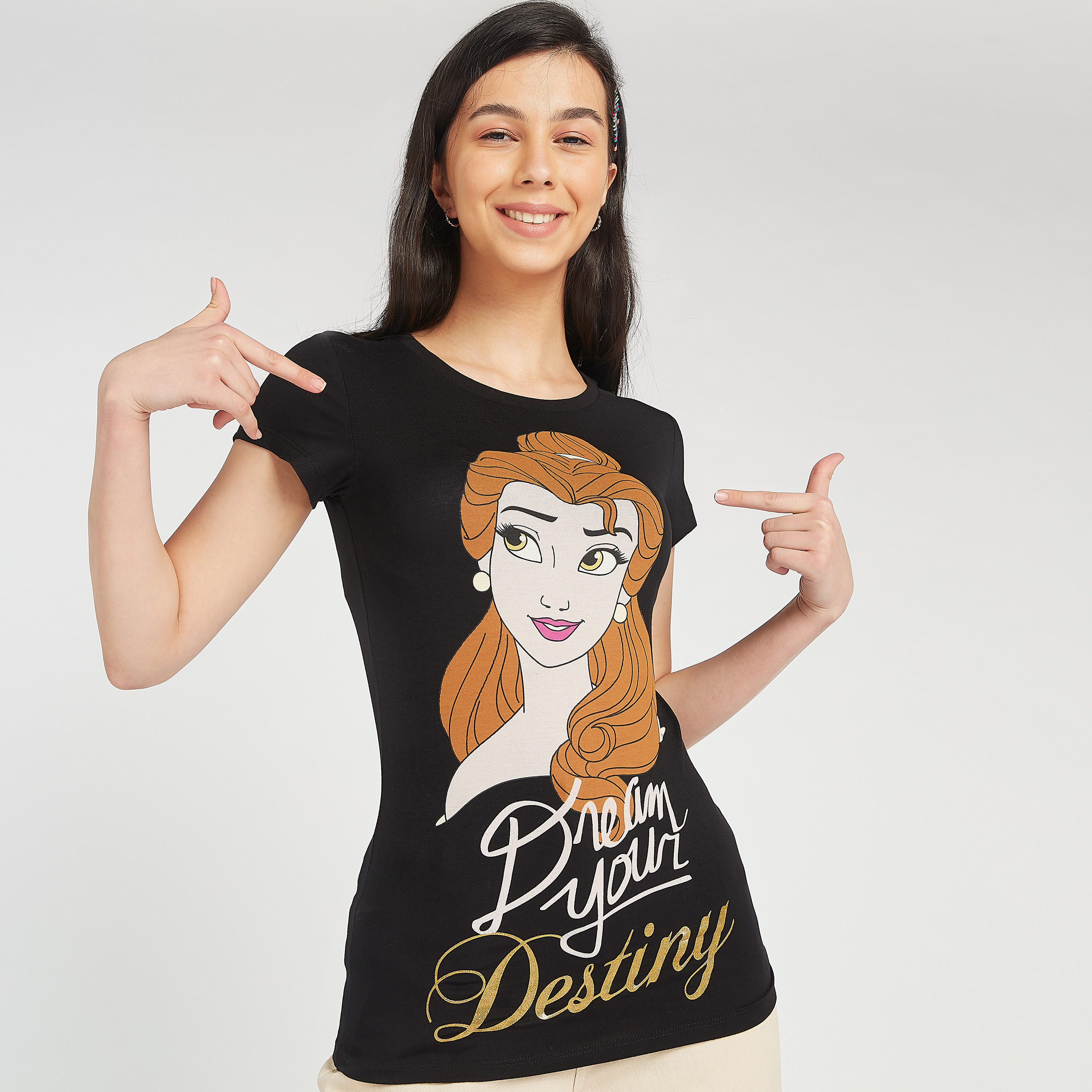 Graphic Print T-shirt with Round Neck and Cap Sleeves-women-clothing-tshirts-image-1