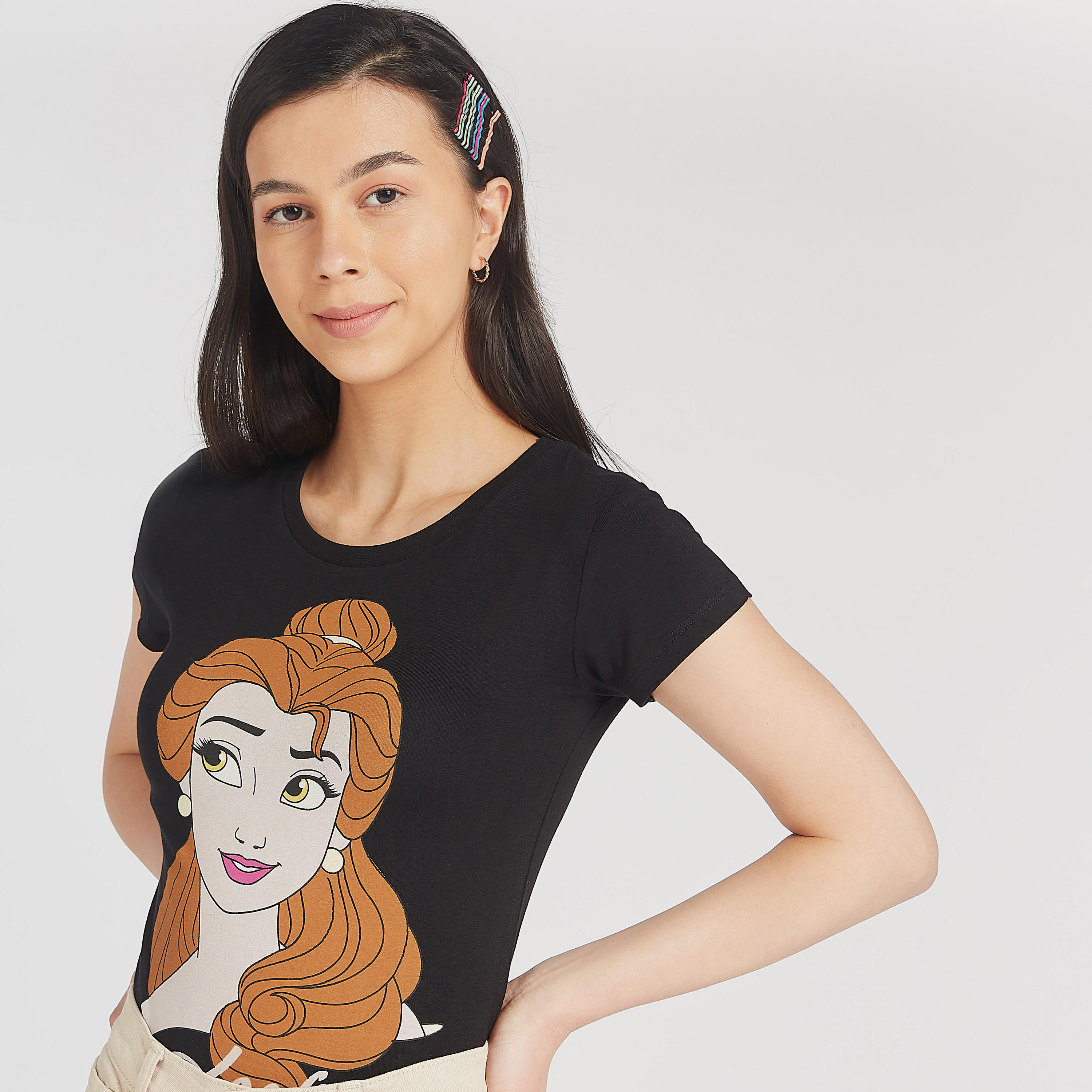 Graphic Print T-shirt with Round Neck and Cap Sleeves-women-clothing-tshirts-image-3