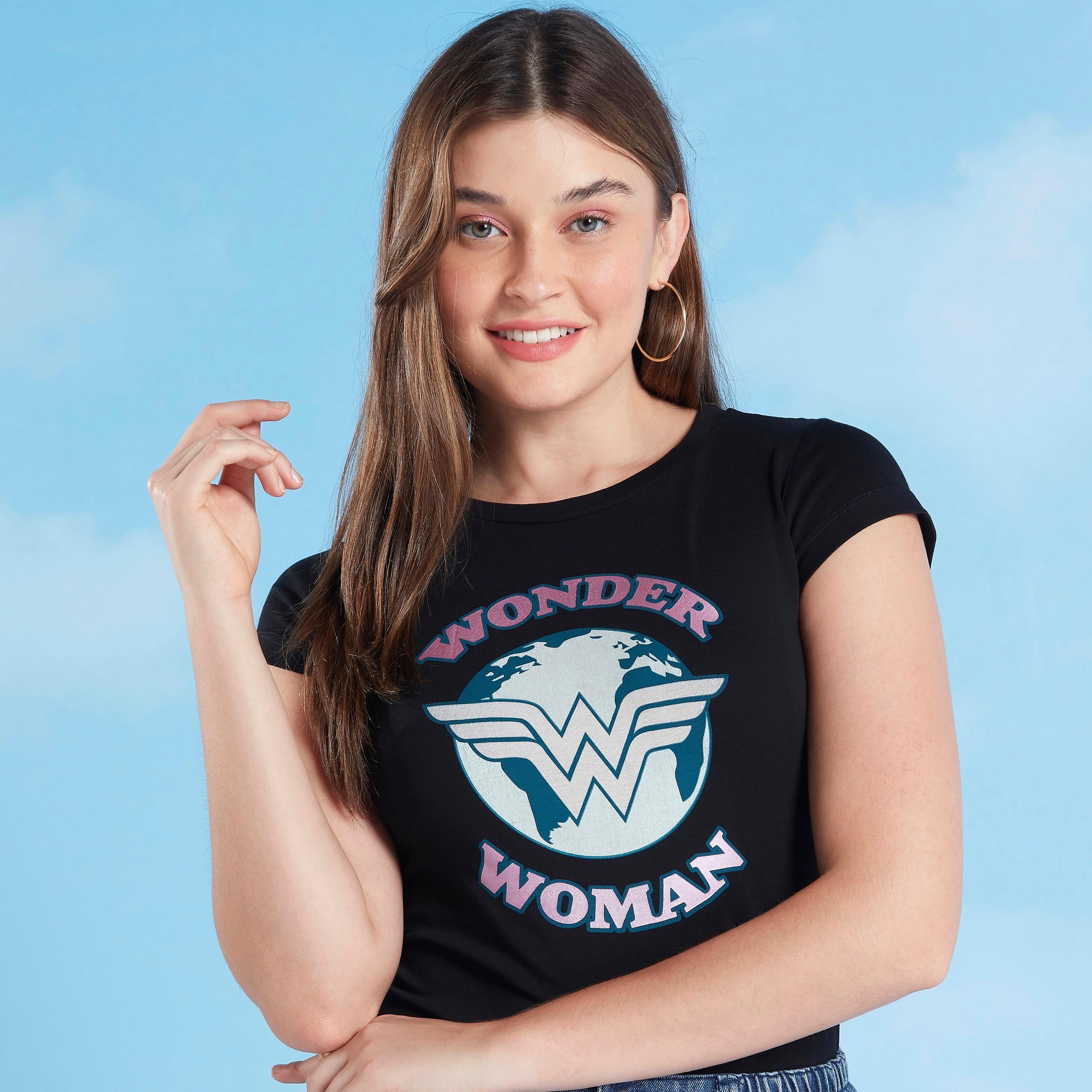 Skinny Fit Wonder Woman Print T-shirt with Crew Neck and Cap Sleeves-women-clothing-tshirts-image-1