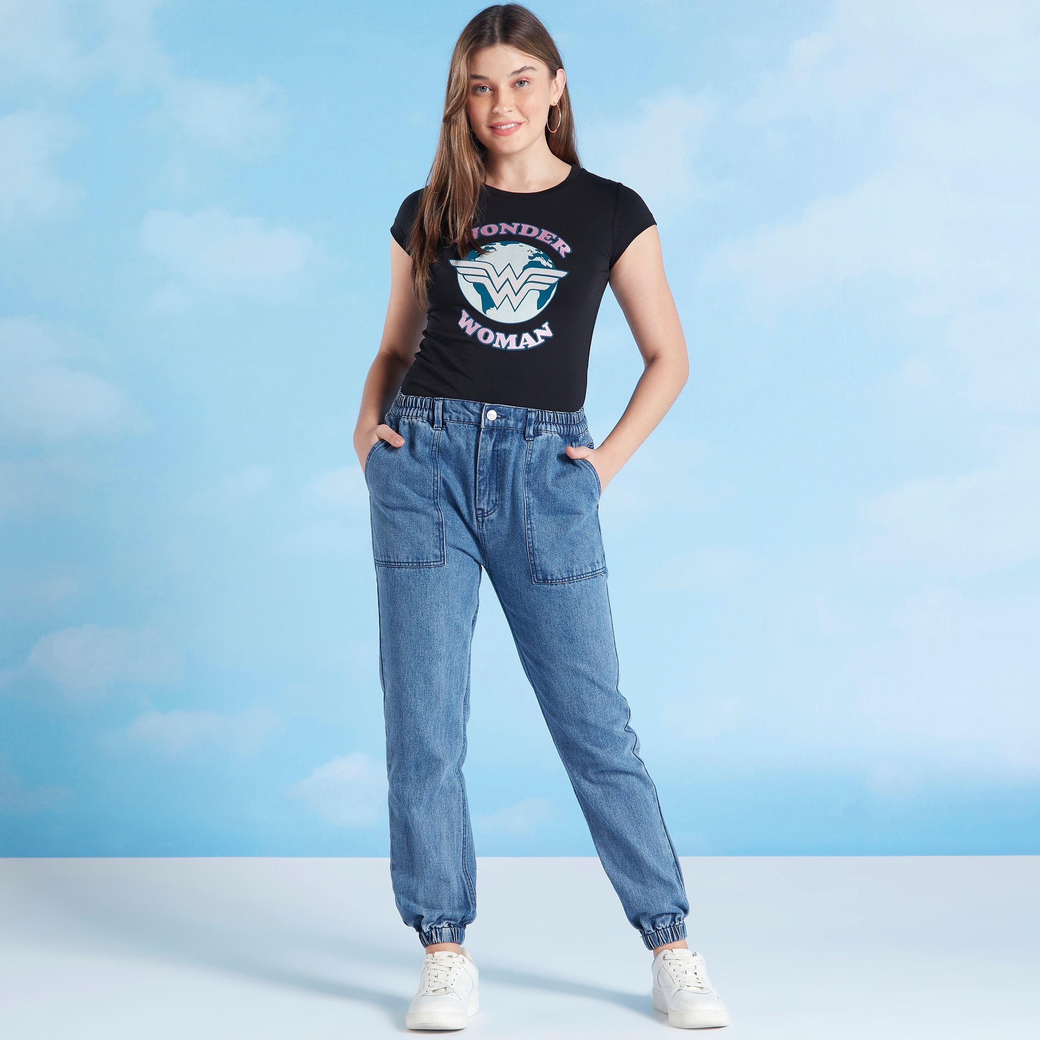 Skinny Fit Wonder Woman Print T-shirt with Crew Neck and Cap Sleeves-women-clothing-tshirts-image-2