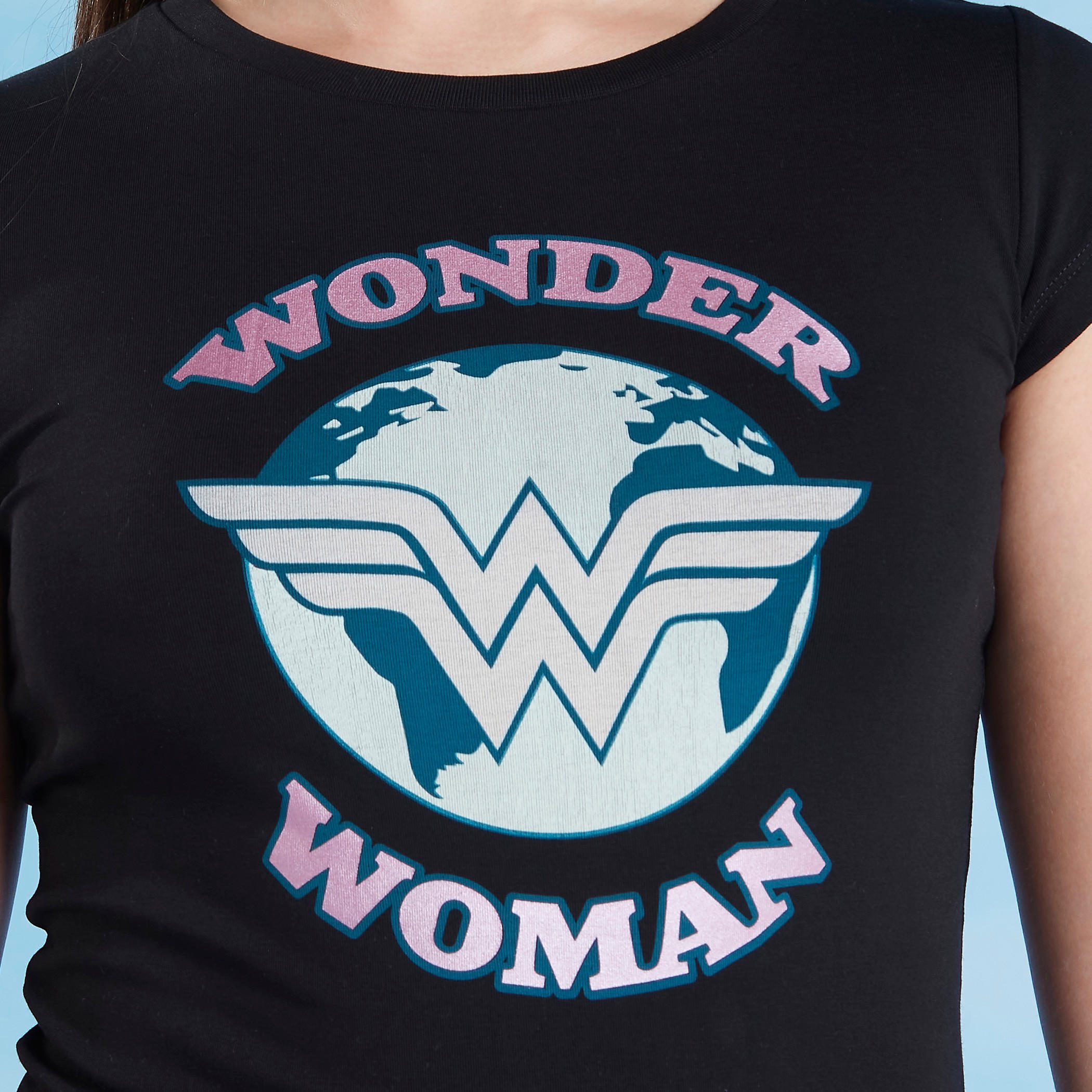Skinny Fit Wonder Woman Print T-shirt with Crew Neck and Cap Sleeves-women-clothing-tshirts-image-3