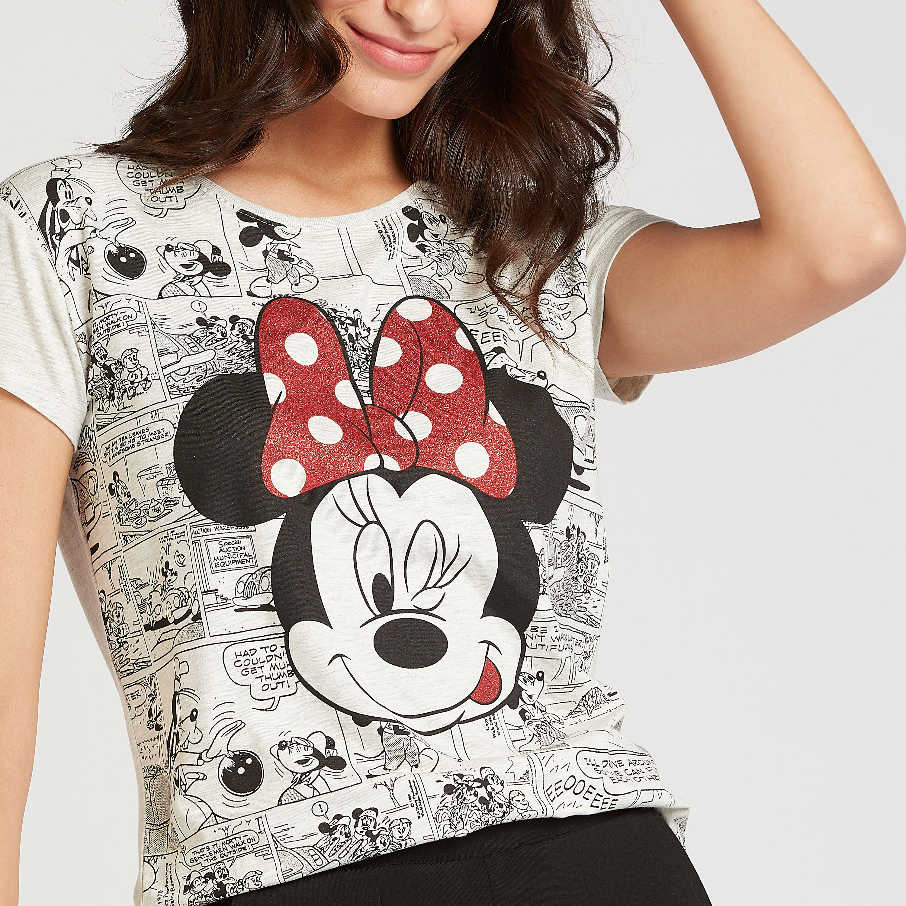 تيشيرت مستدام بياقة مستديرة وأكمام كاب وطبعات ميني ماوس-women-clothing-tshirts-image-3