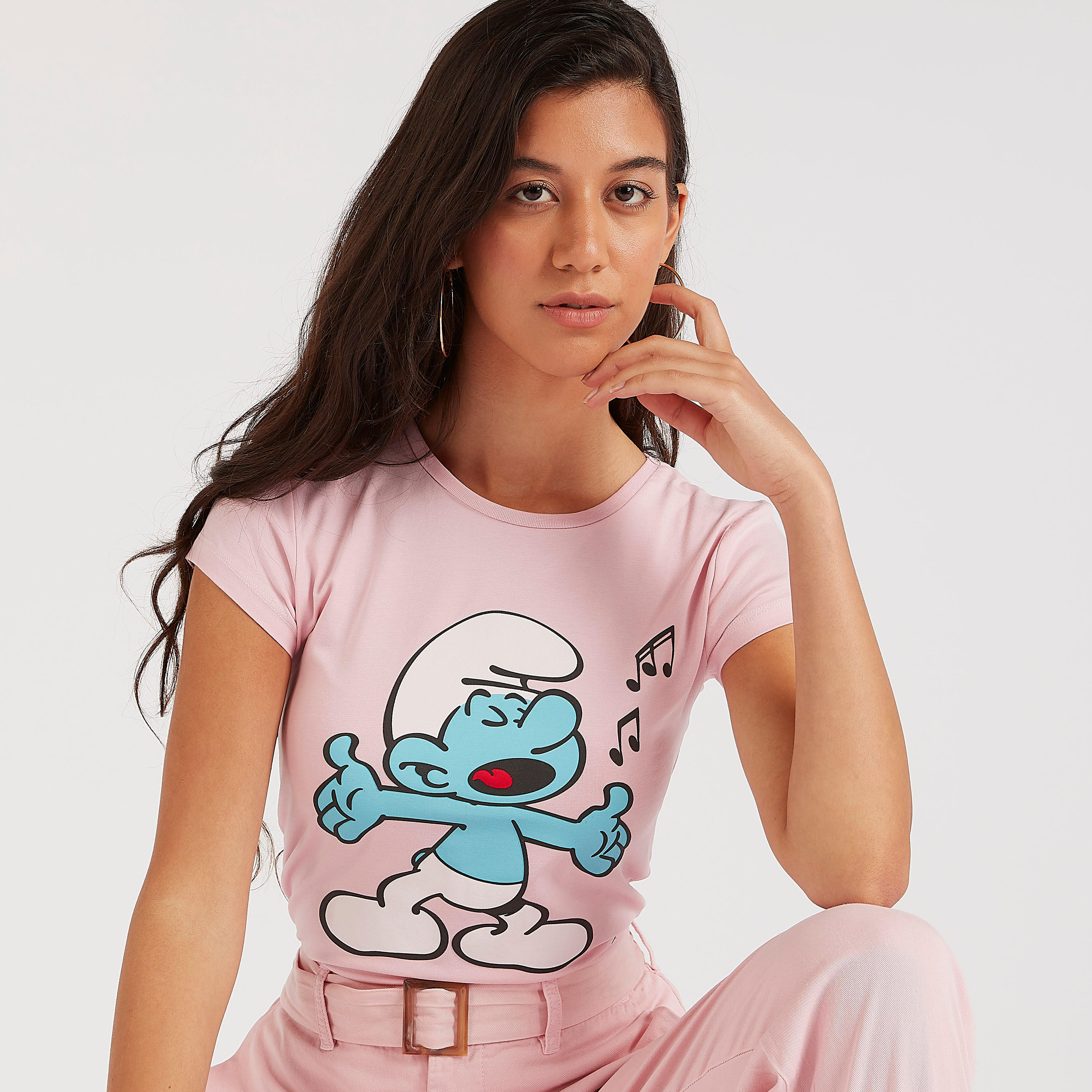 Smurf Print Crew Neck T-shirt with Cap Sleeves-women-clothing-tshirts-image-1