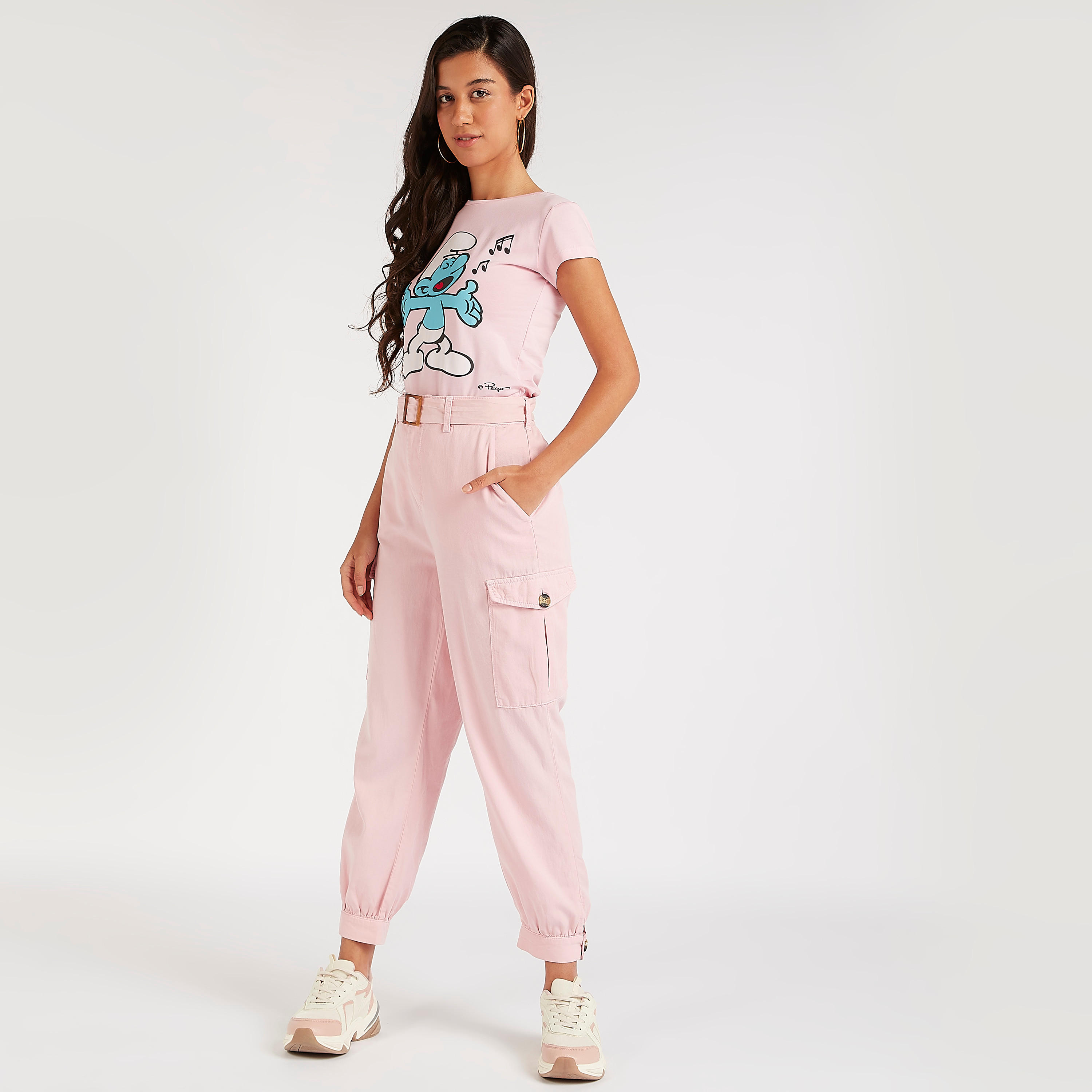 Smurf Print Crew Neck T-shirt with Cap Sleeves-women-clothing-tshirts-image-2