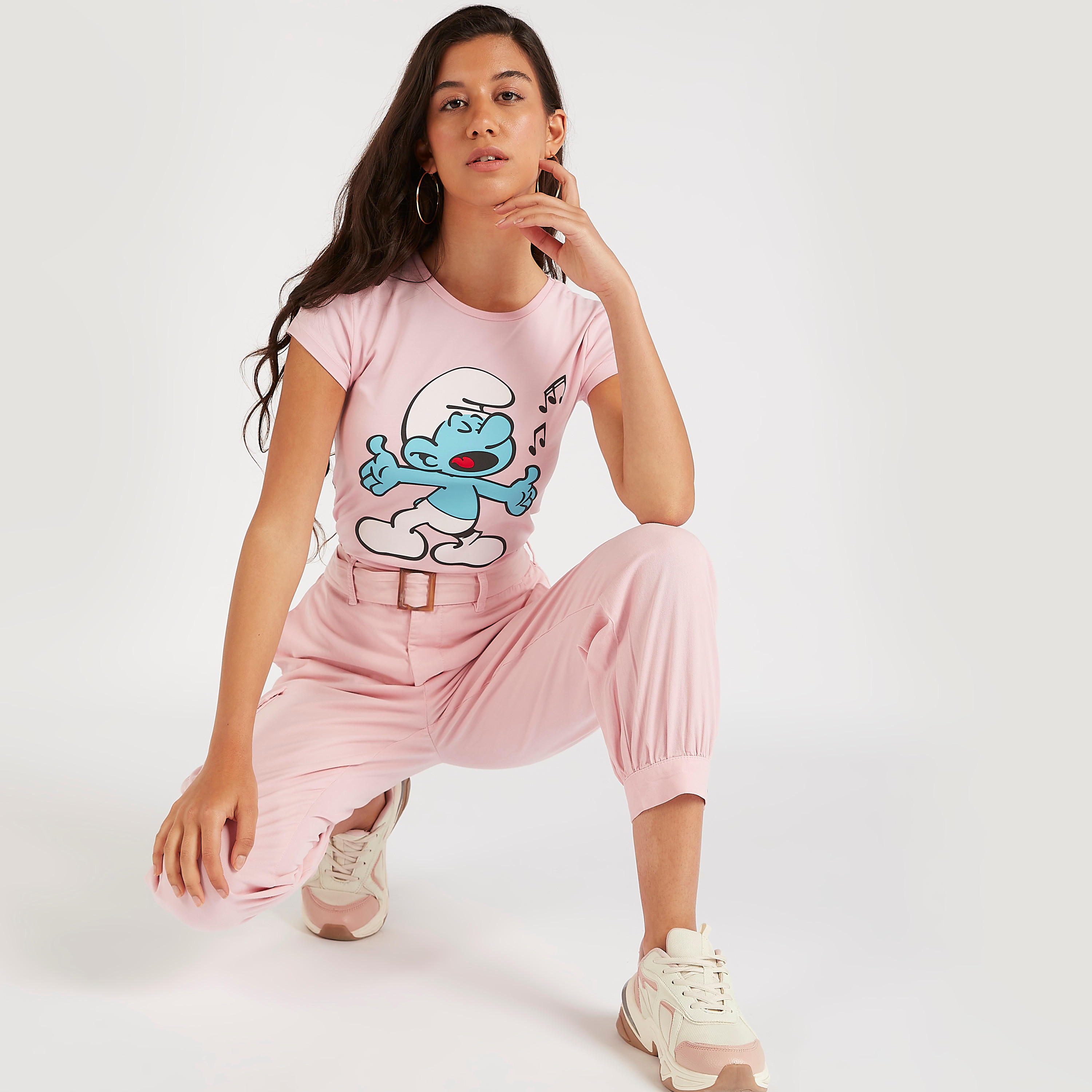 Smurf Print Crew Neck T-shirt with Cap Sleeves-women-clothing-tshirts-image-3