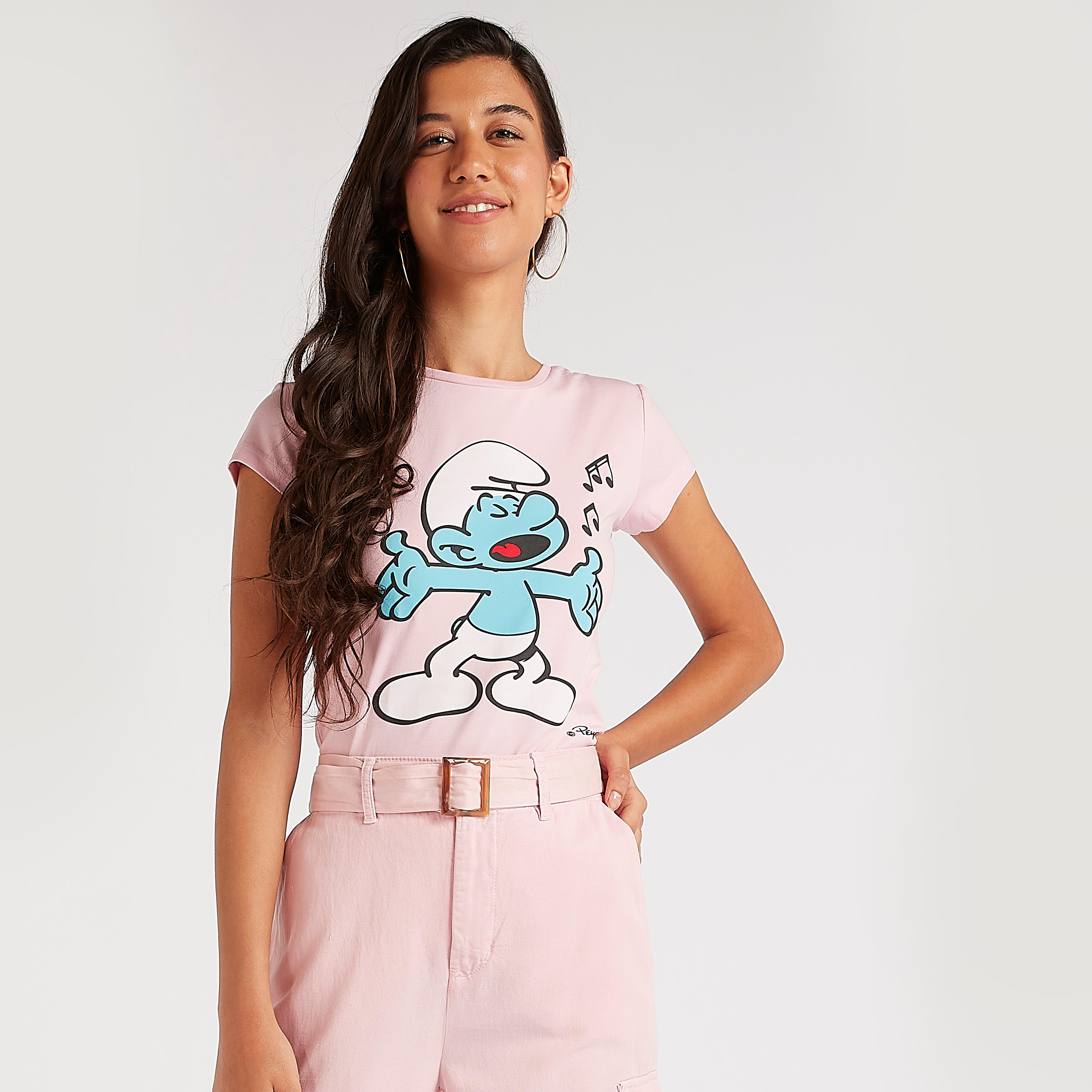 Smurf Print Crew Neck T-shirt with Cap Sleeves-women-clothing-tshirts-image-5