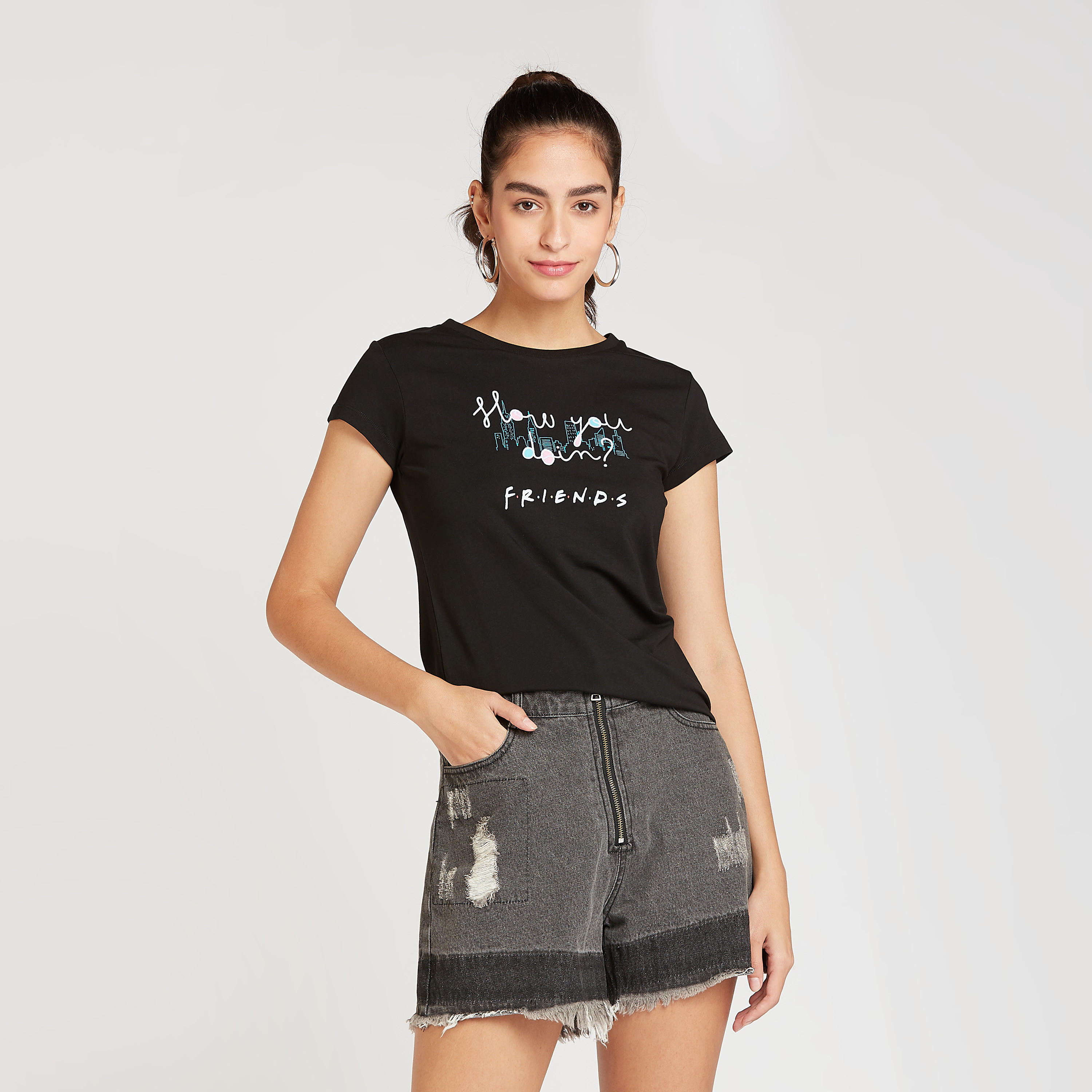 Skinny Fit FRIENDS Print T-shirt with Round Neck and Cap Sleeves-women-clothing-tshirts-image-1