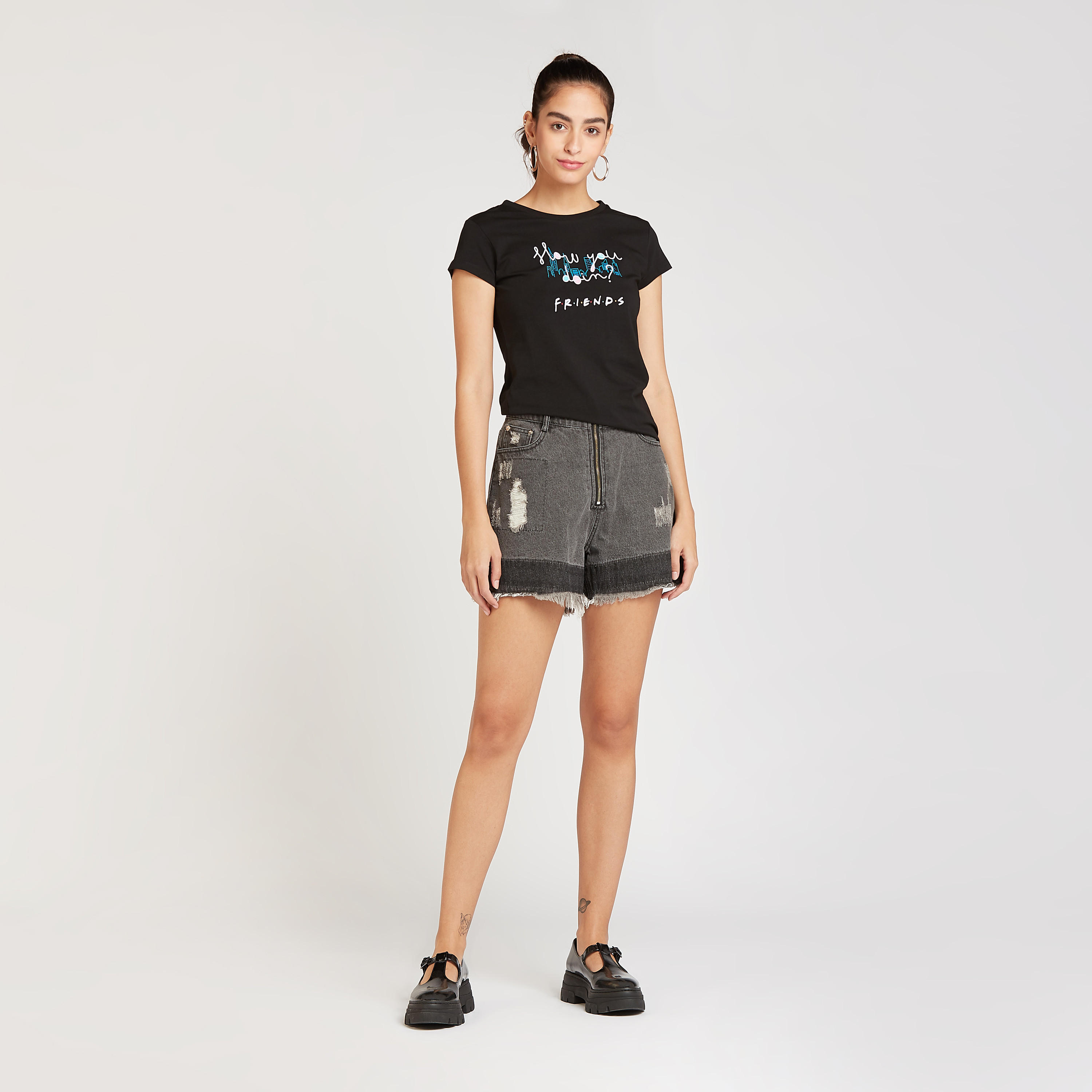 Skinny Fit FRIENDS Print T-shirt with Round Neck and Cap Sleeves-women-clothing-tshirts-image-2