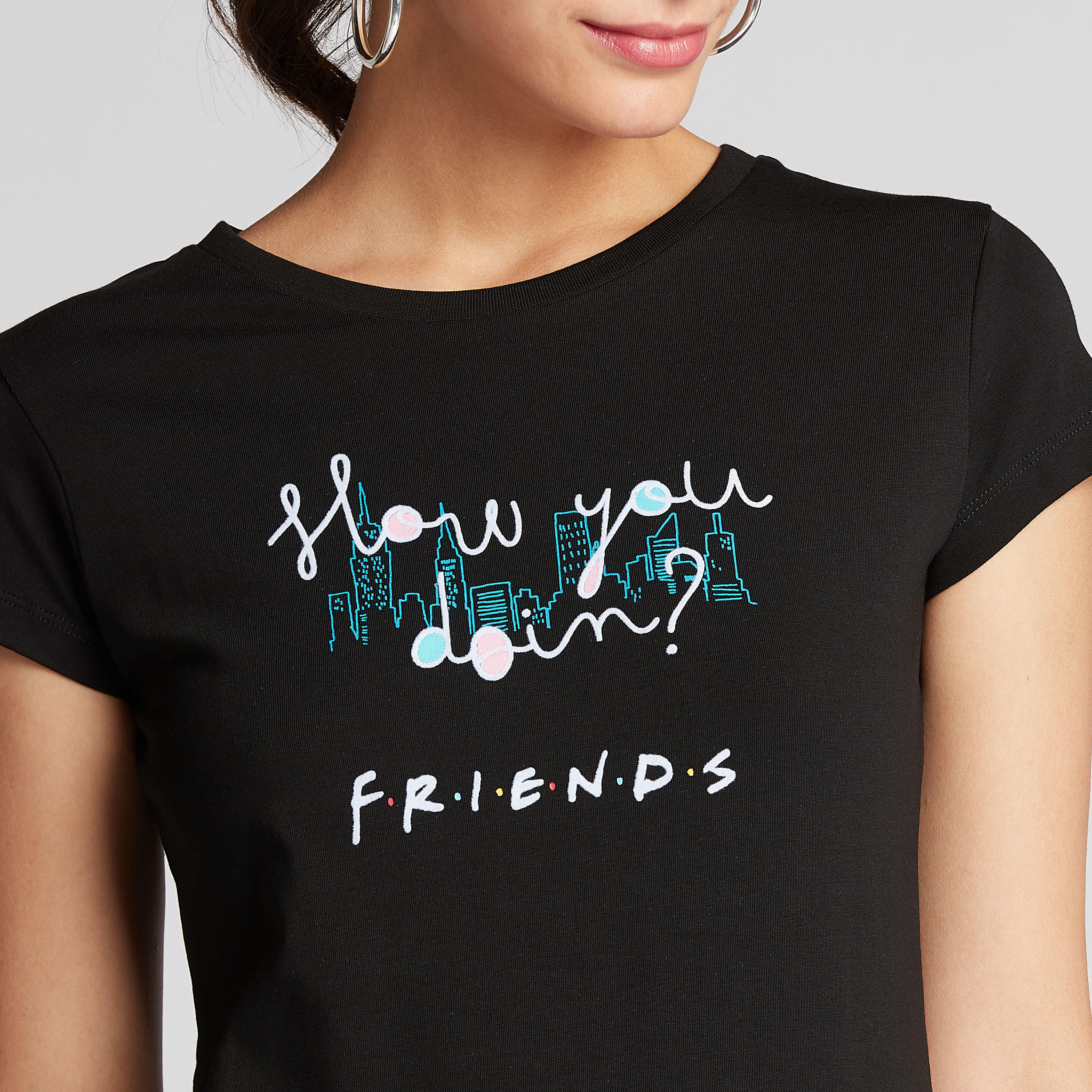 Skinny Fit FRIENDS Print T-shirt with Round Neck and Cap Sleeves-women-clothing-tshirts-image-3