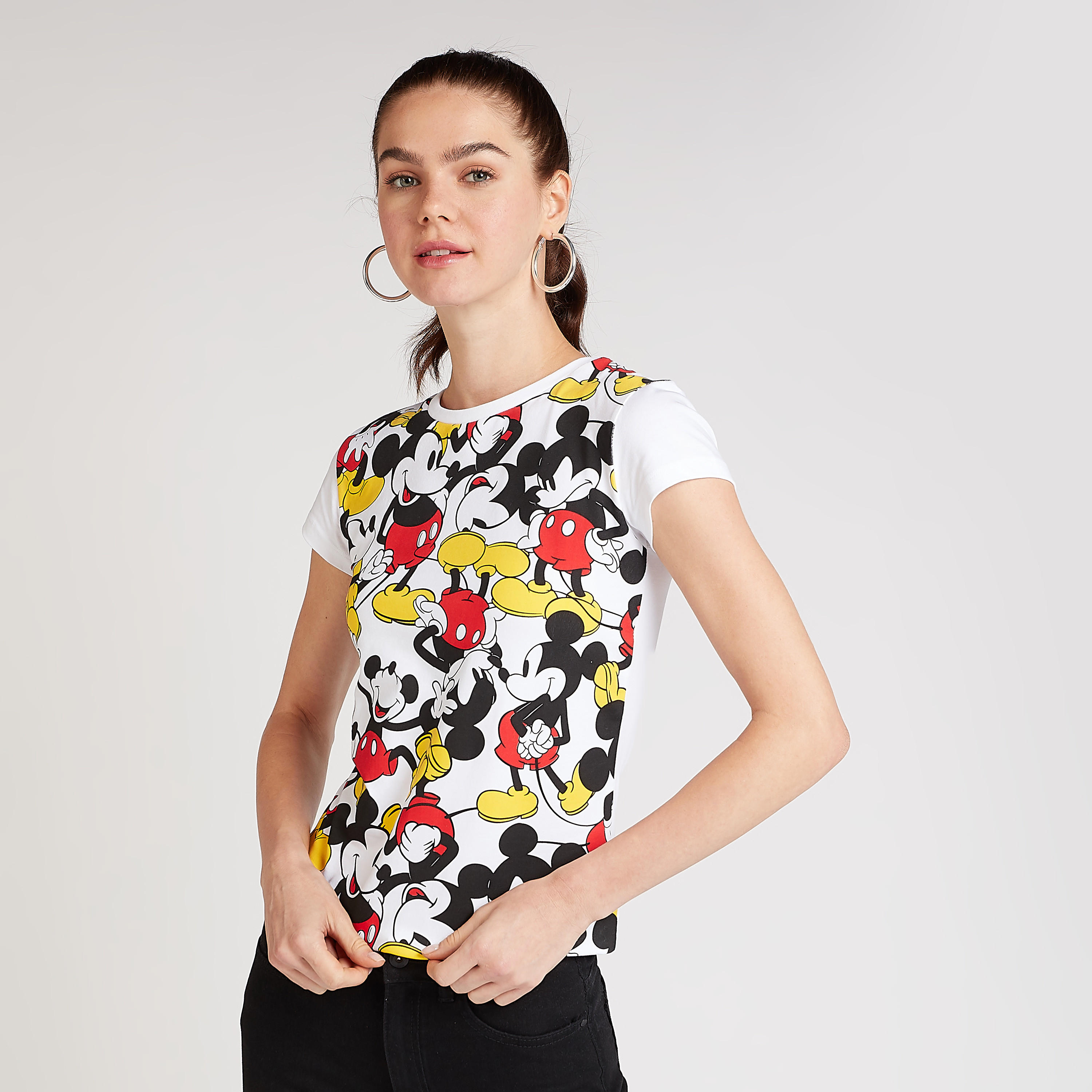 Mickey Mouse Print T-shirt with Crew Neck and Cap Sleeves-women-clothing-tshirts-image-1