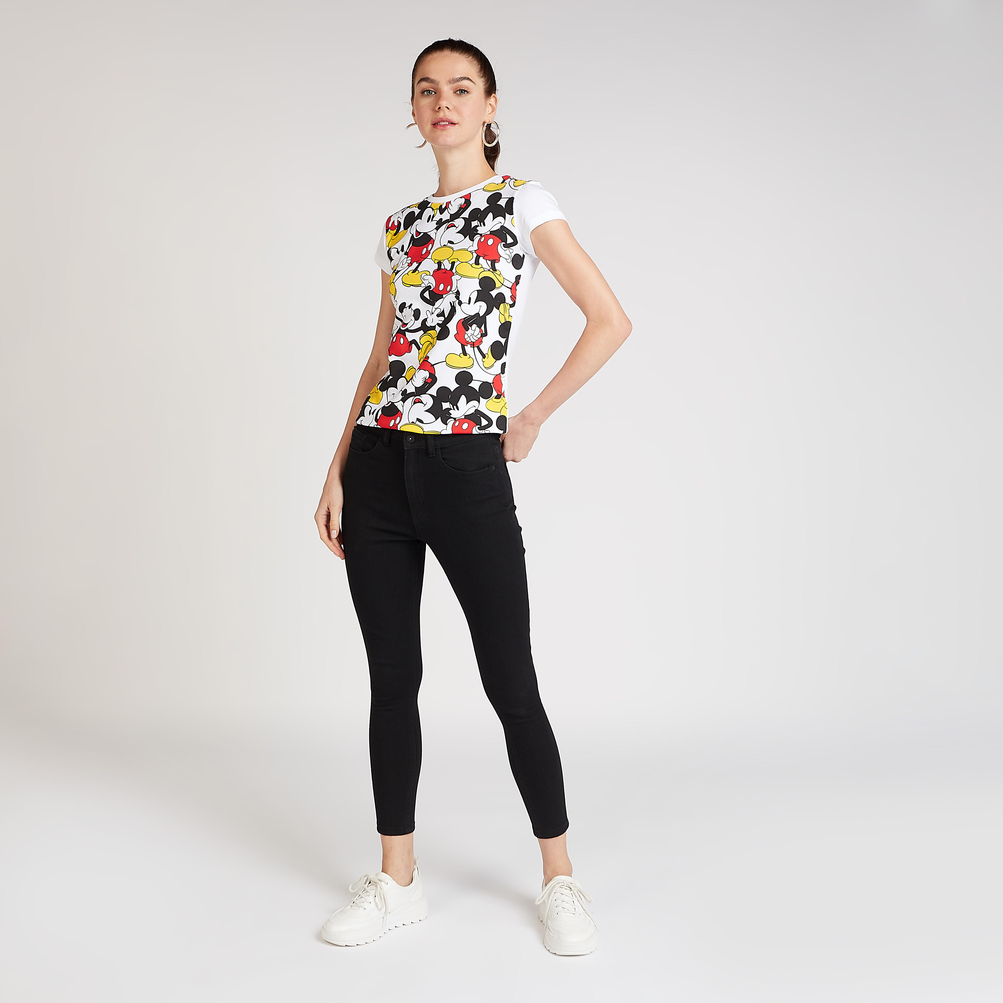 Mickey Mouse Print T-shirt with Crew Neck and Cap Sleeves-women-clothing-tshirts-image-2