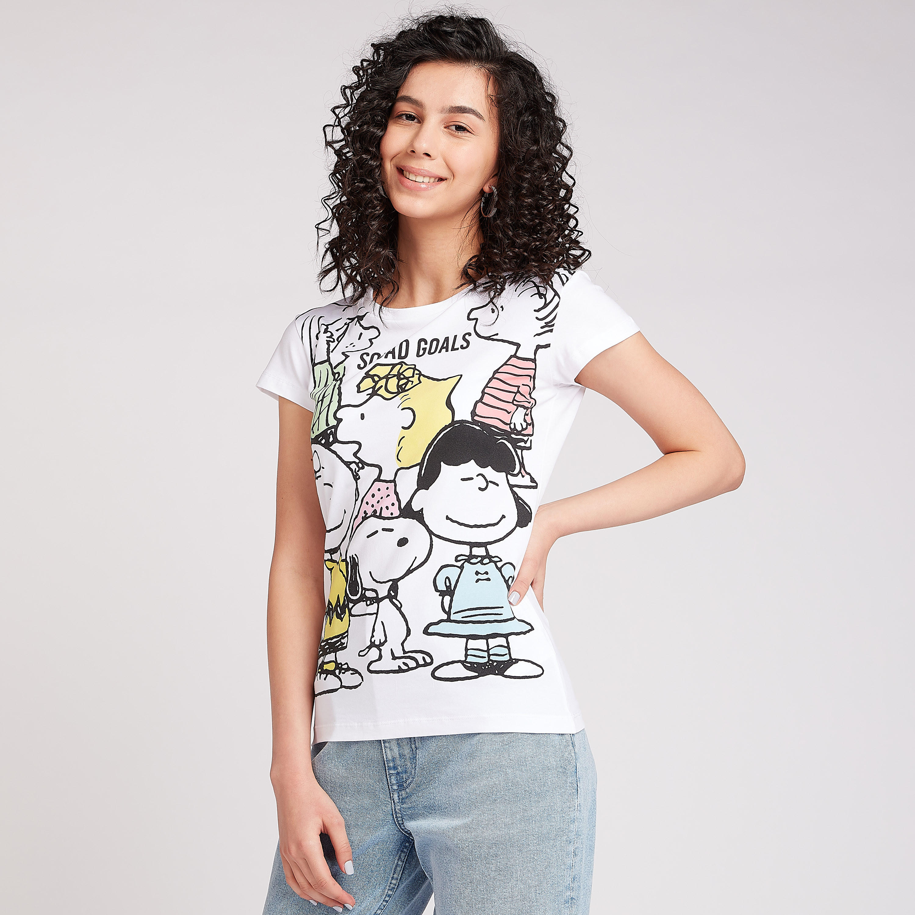 Snoopy Print T-shirt with Crew Neck and Cap Sleeves-women-clothing-tshirts-image-1