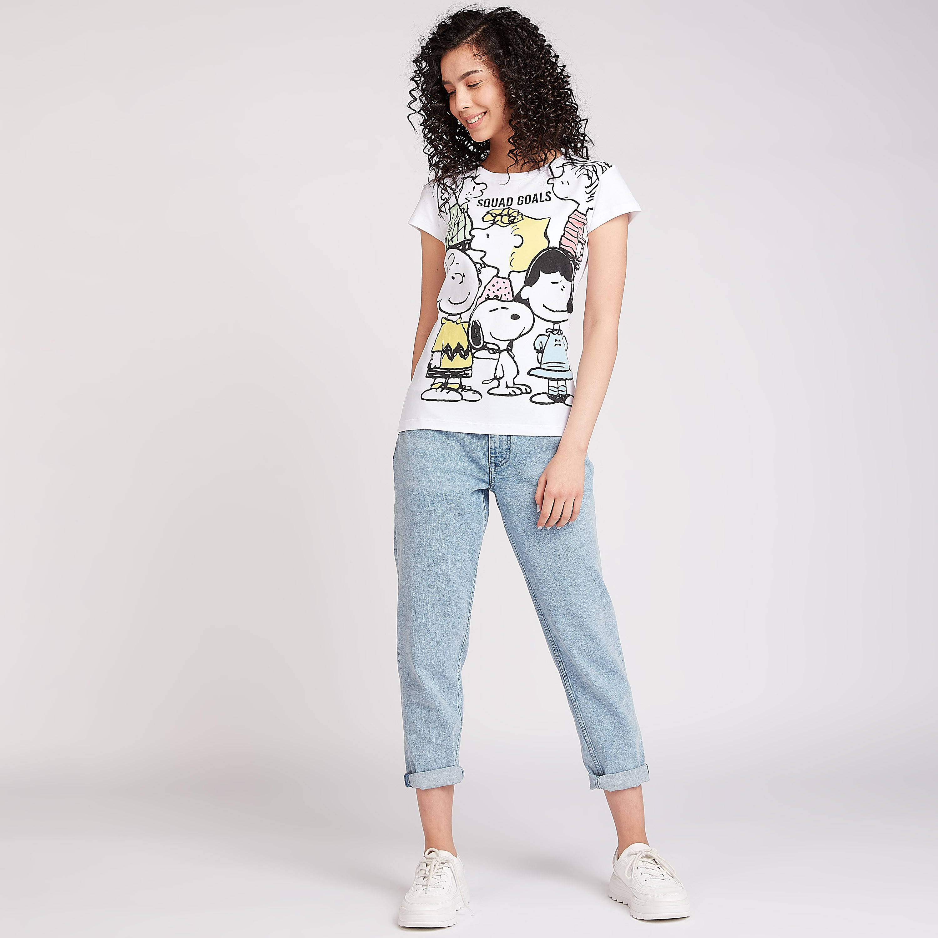 Snoopy Print T-shirt with Crew Neck and Cap Sleeves-women-clothing-tshirts-image-2