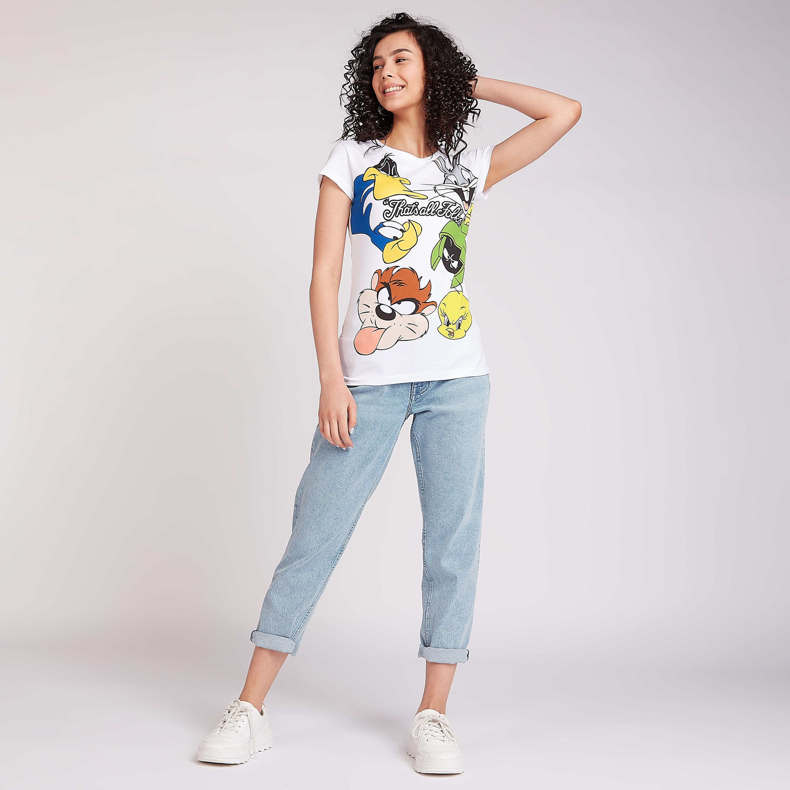 تيشيرت مستدام بياقة ضيقة وأكمام كاب وطبعات لوني تيونر-women-clothing-tshirts-image-2