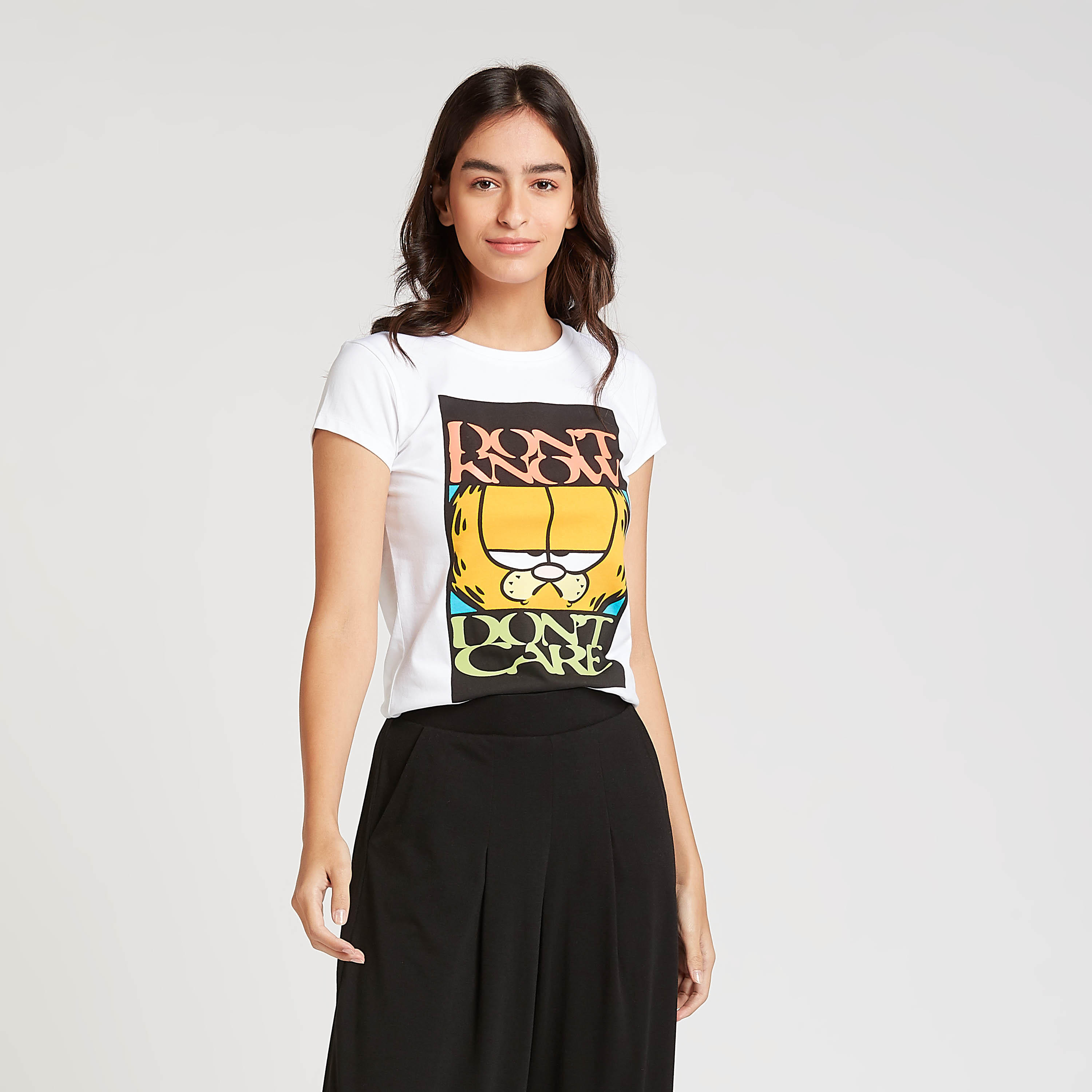 Skinny Fit Garfield Print T-shirt with Crew Neck and Cap Sleeves-women-clothing-tshirts-image-1