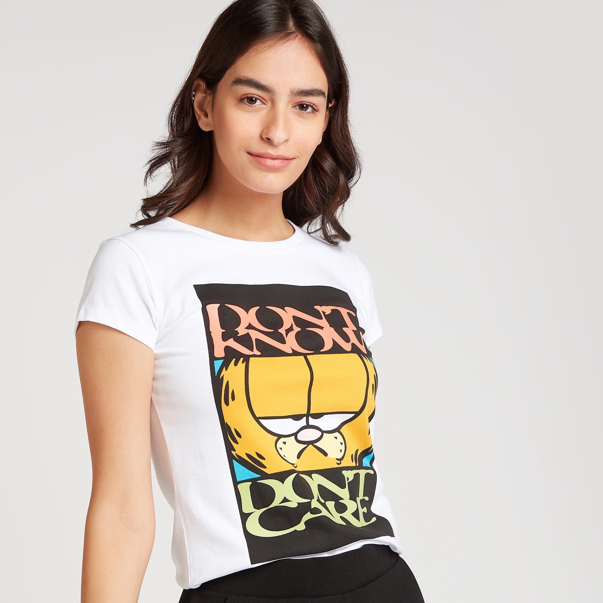 Skinny Fit Garfield Print T-shirt with Crew Neck and Cap Sleeves-women-clothing-tshirts-image-3