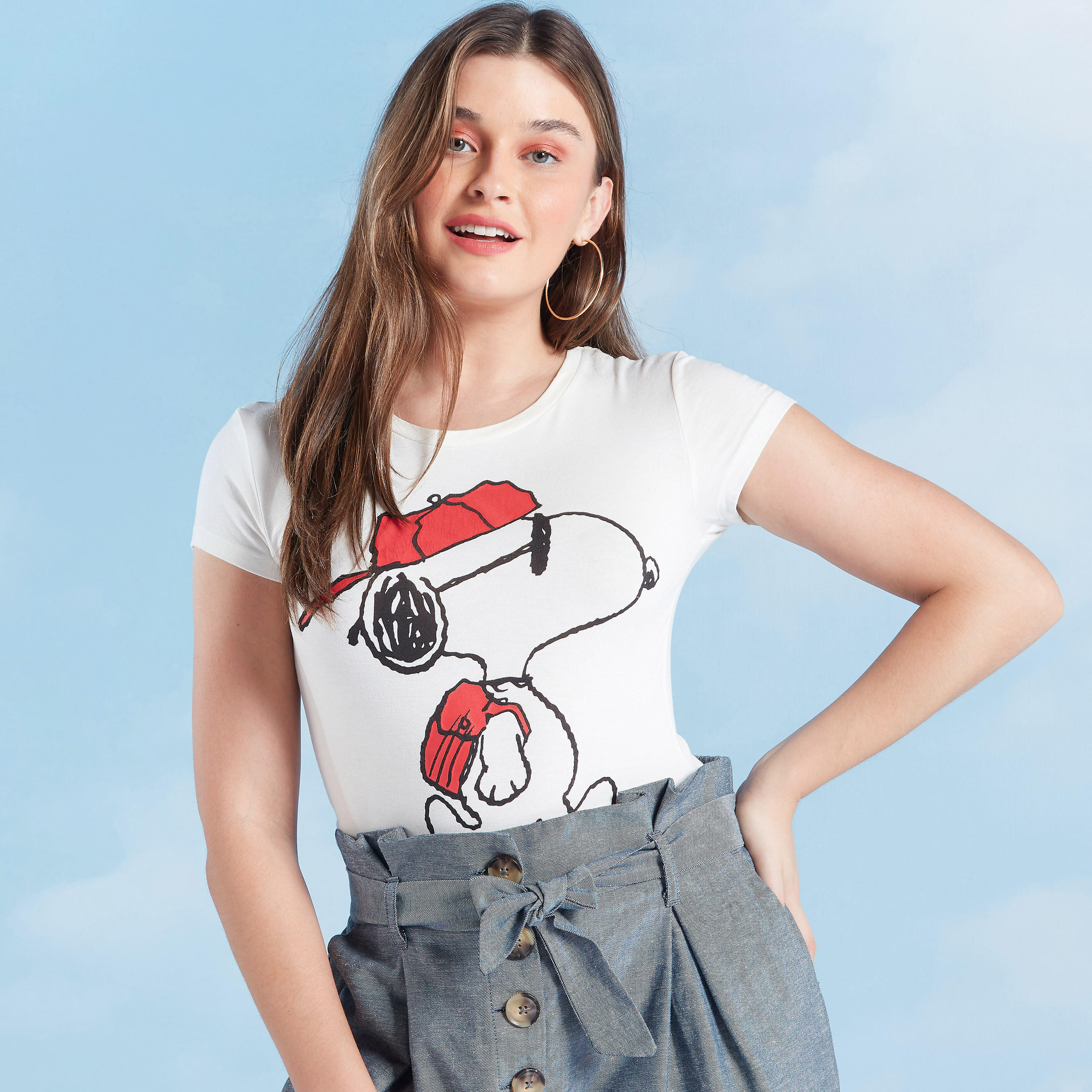 Peanuts Print Round Neck T-shirt with Cap Sleeves-women-clothing-tshirts-image-1