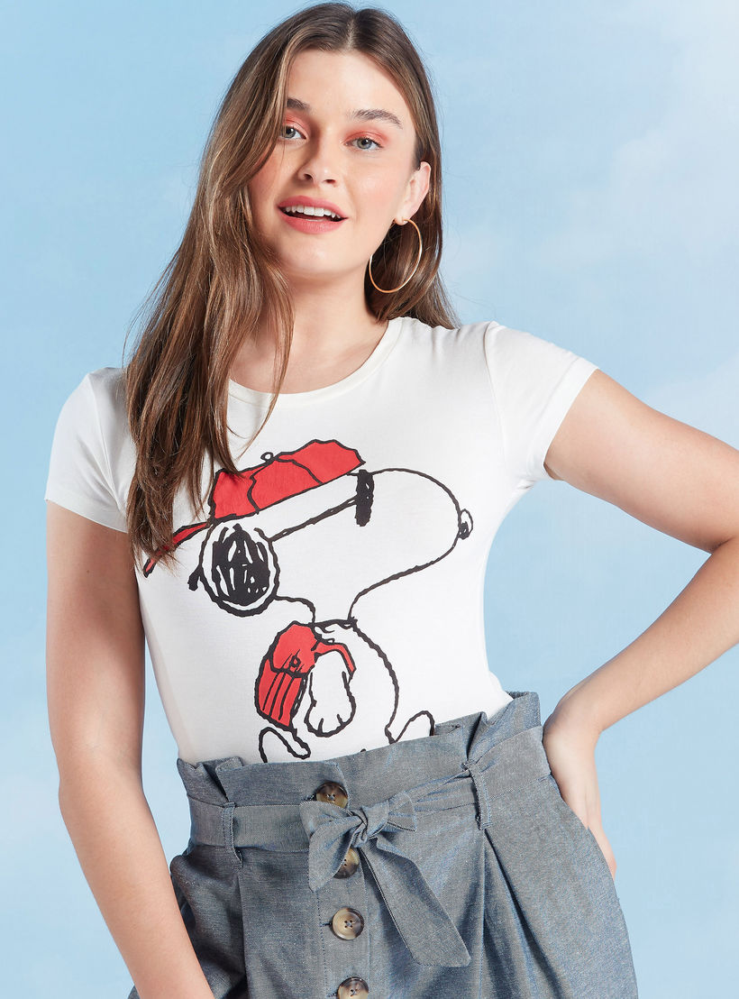 Peanuts Print Round Neck T-shirt with Cap Sleeves-women-clothing-tshirts-image-1