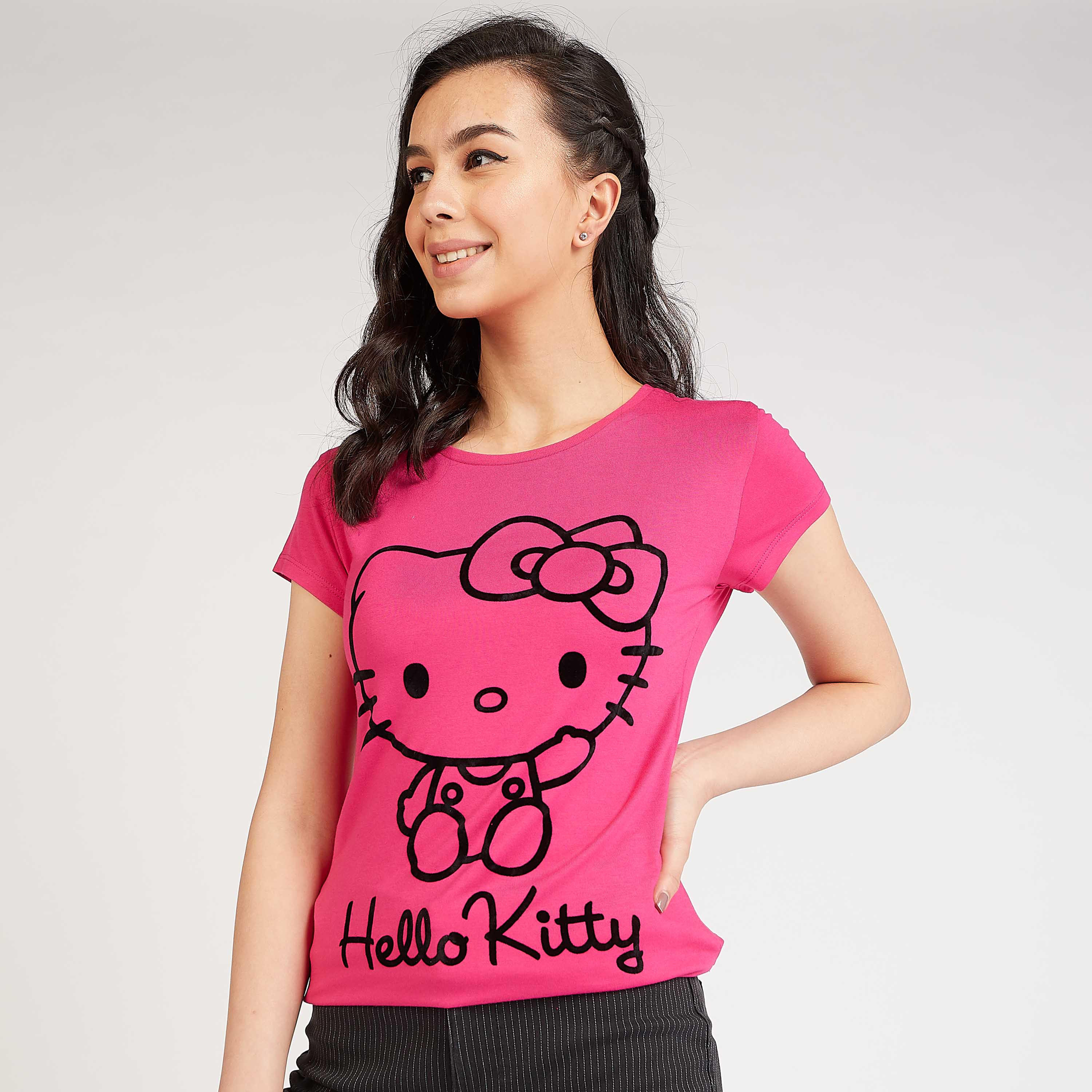 Skinny Fit Hello Kitty Print T-shirt with Cap Sleeves-women-clothing-tshirts-image-1