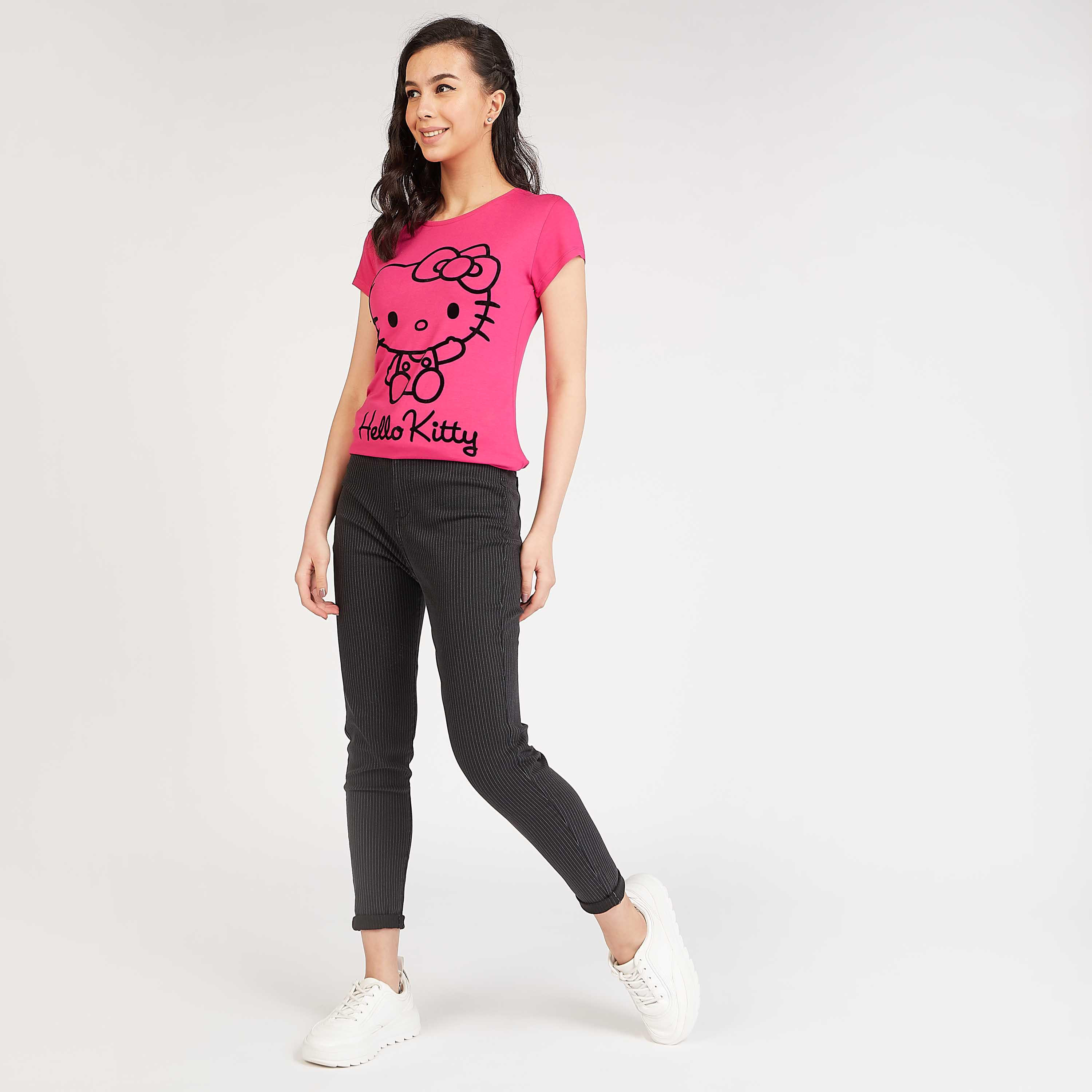 Skinny Fit Hello Kitty Print T-shirt with Cap Sleeves-women-clothing-tshirts-image-2