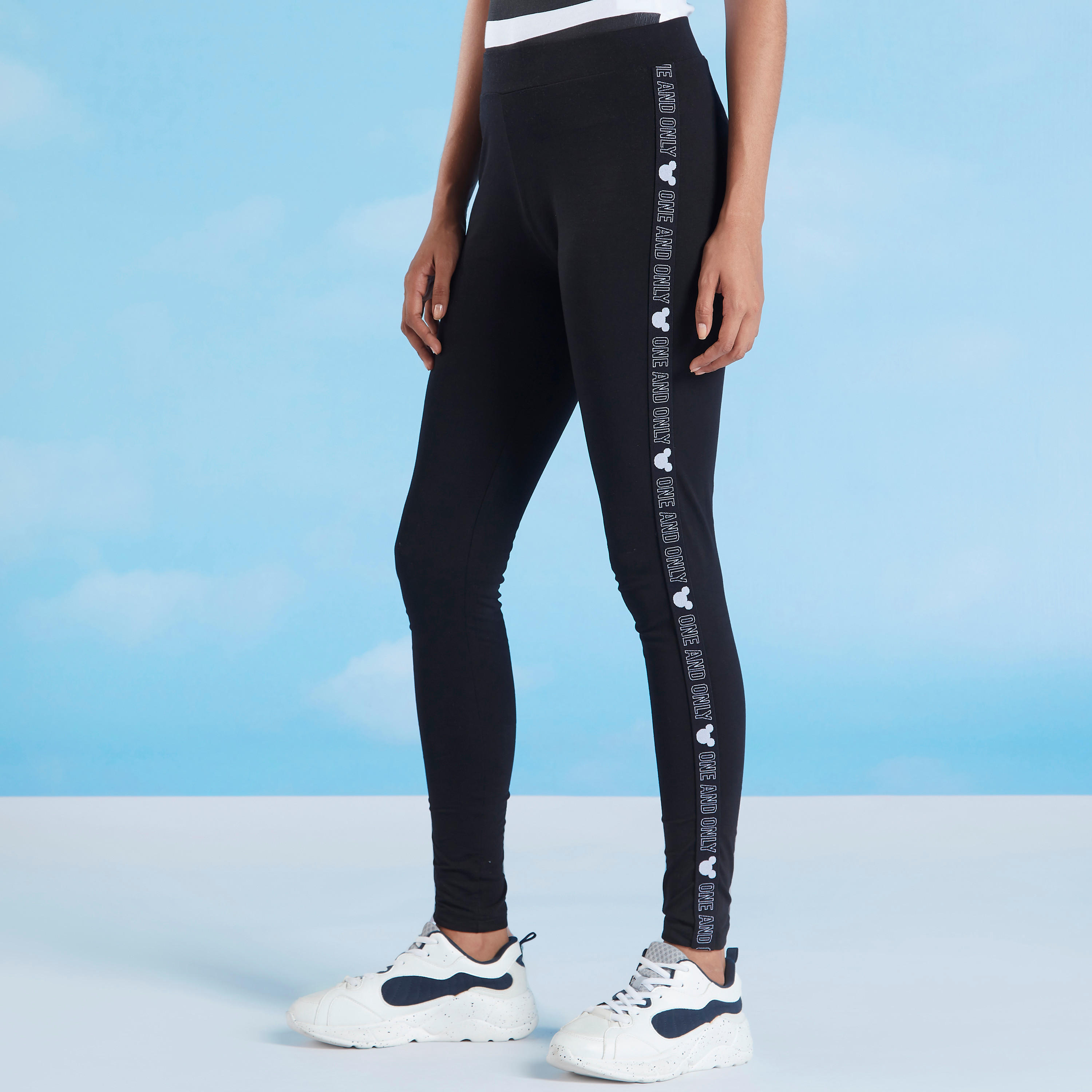 Mickey Mouse Print Leggings with Elasticised Waistband and Tape Detail-women-clothing-bottoms-leggings-image-1
