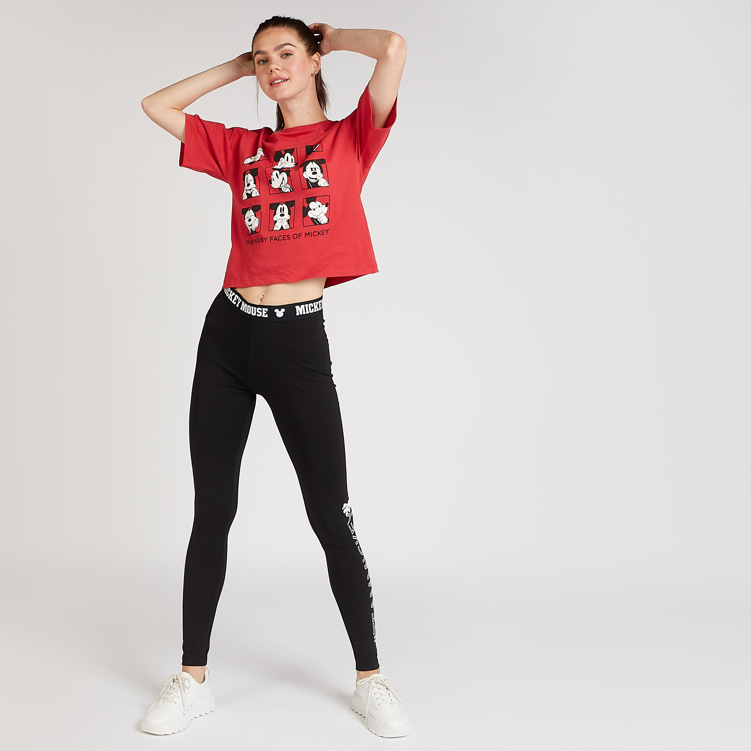 Skinny Fit Mickey Mouse Print T-shirt with Crew Neck-women-clothing-tshirts-image-2