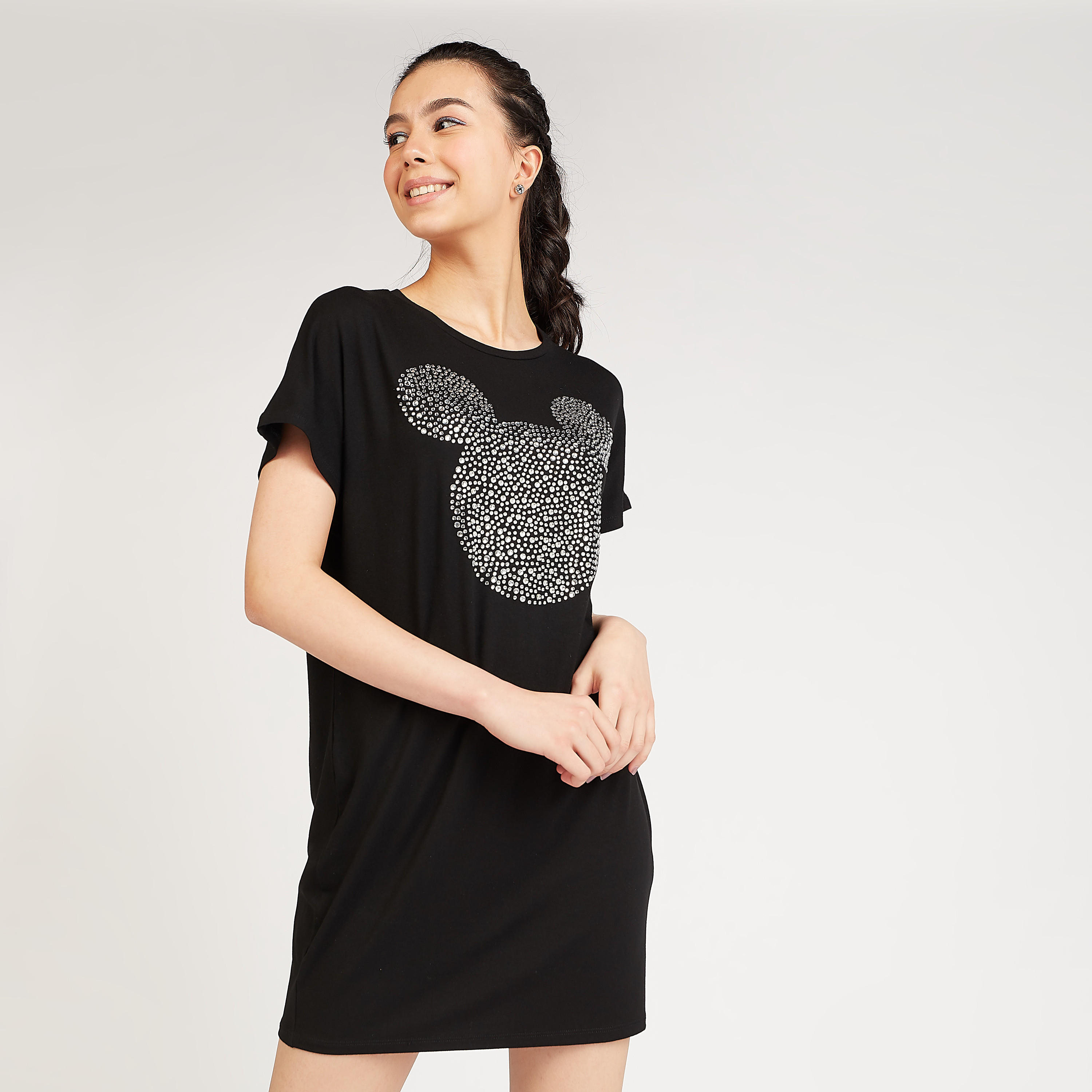 فستان تيشيرت بتزيينات ميكي ماوس وأكمام قصيرة-women-clothing-dresses-image-1