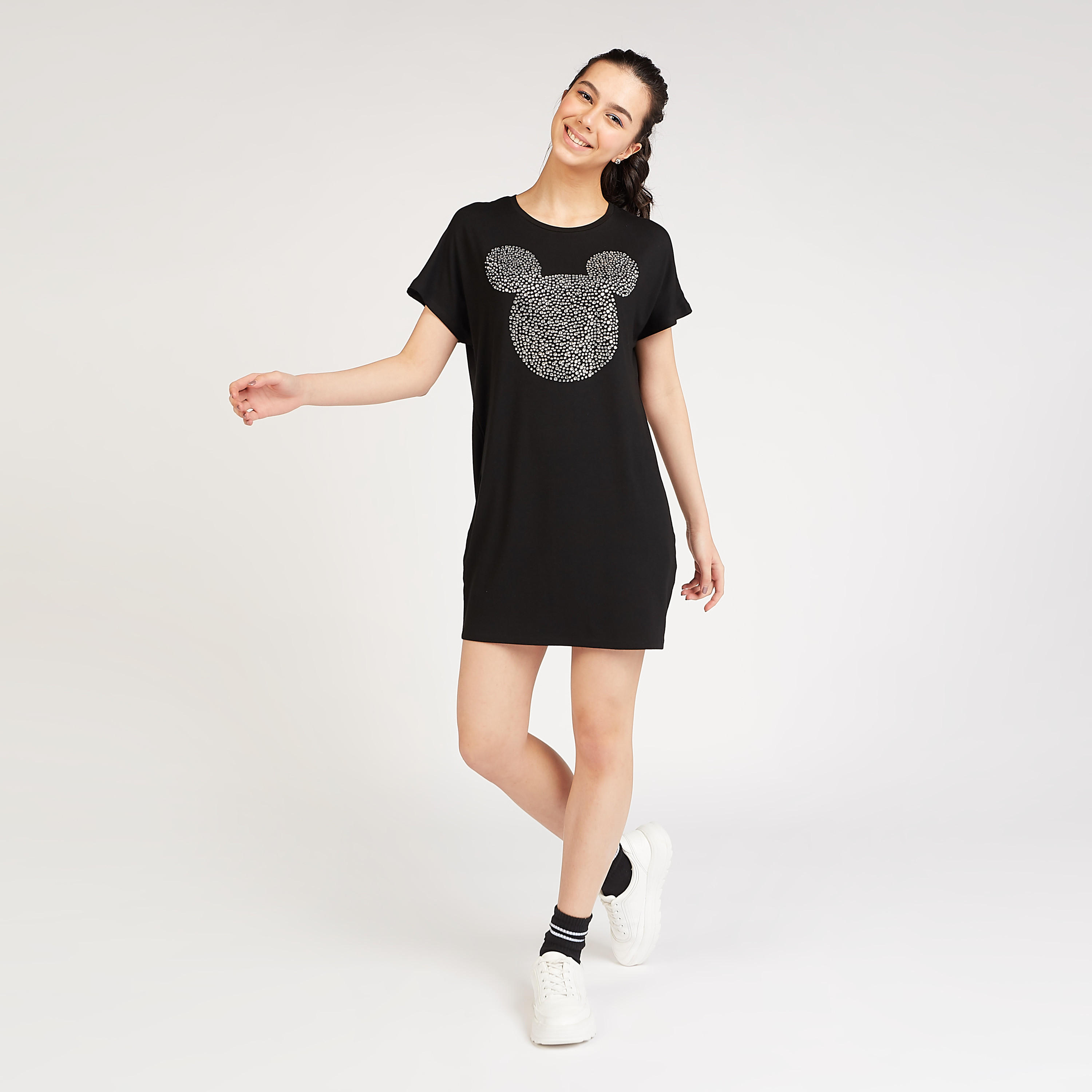 فستان تيشيرت بتزيينات ميكي ماوس وأكمام قصيرة-women-clothing-dresses-image-2