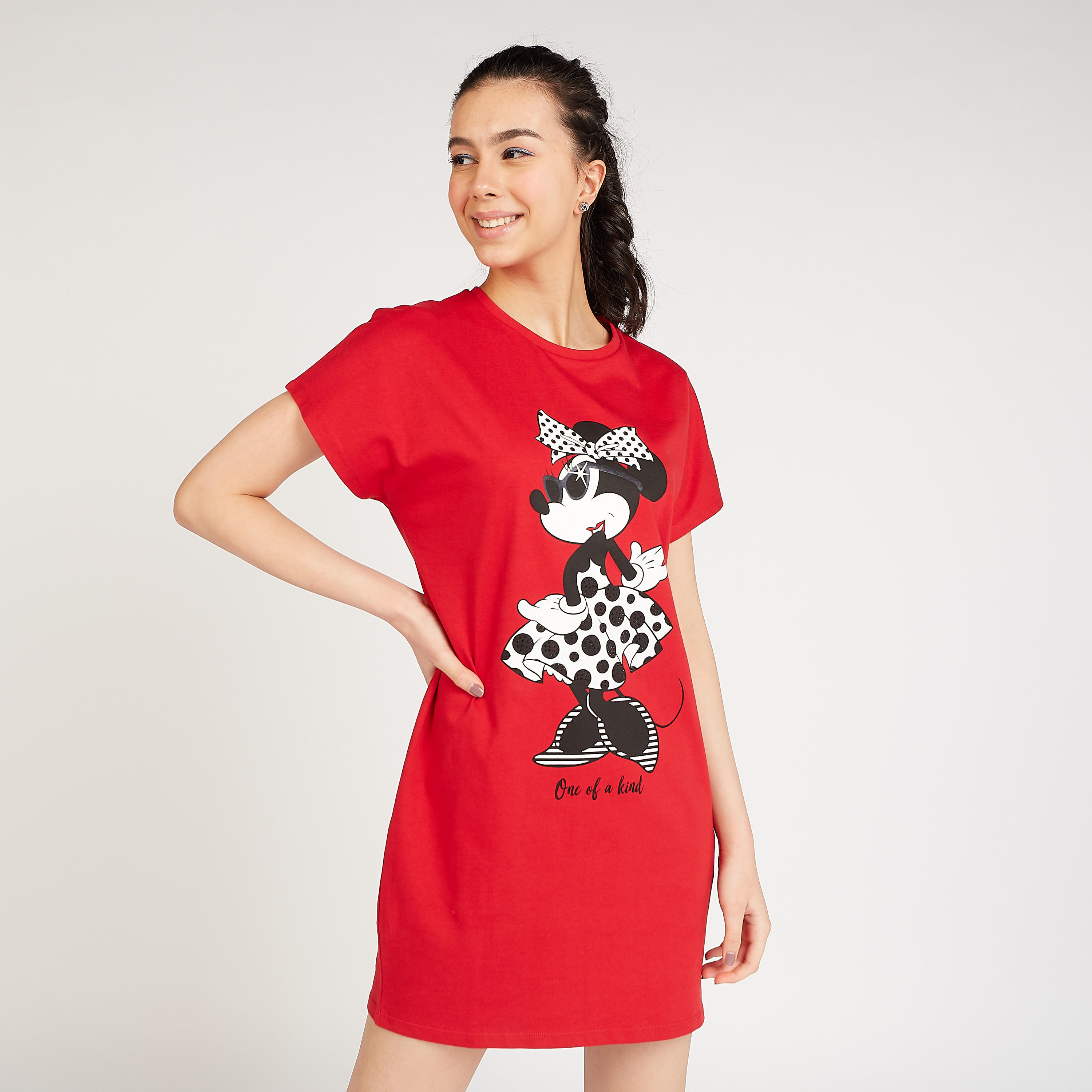 Sustainable Minnie Mouse Embellished Detail Mini Dress with Round Neck-women-clothing-dresses-image-1