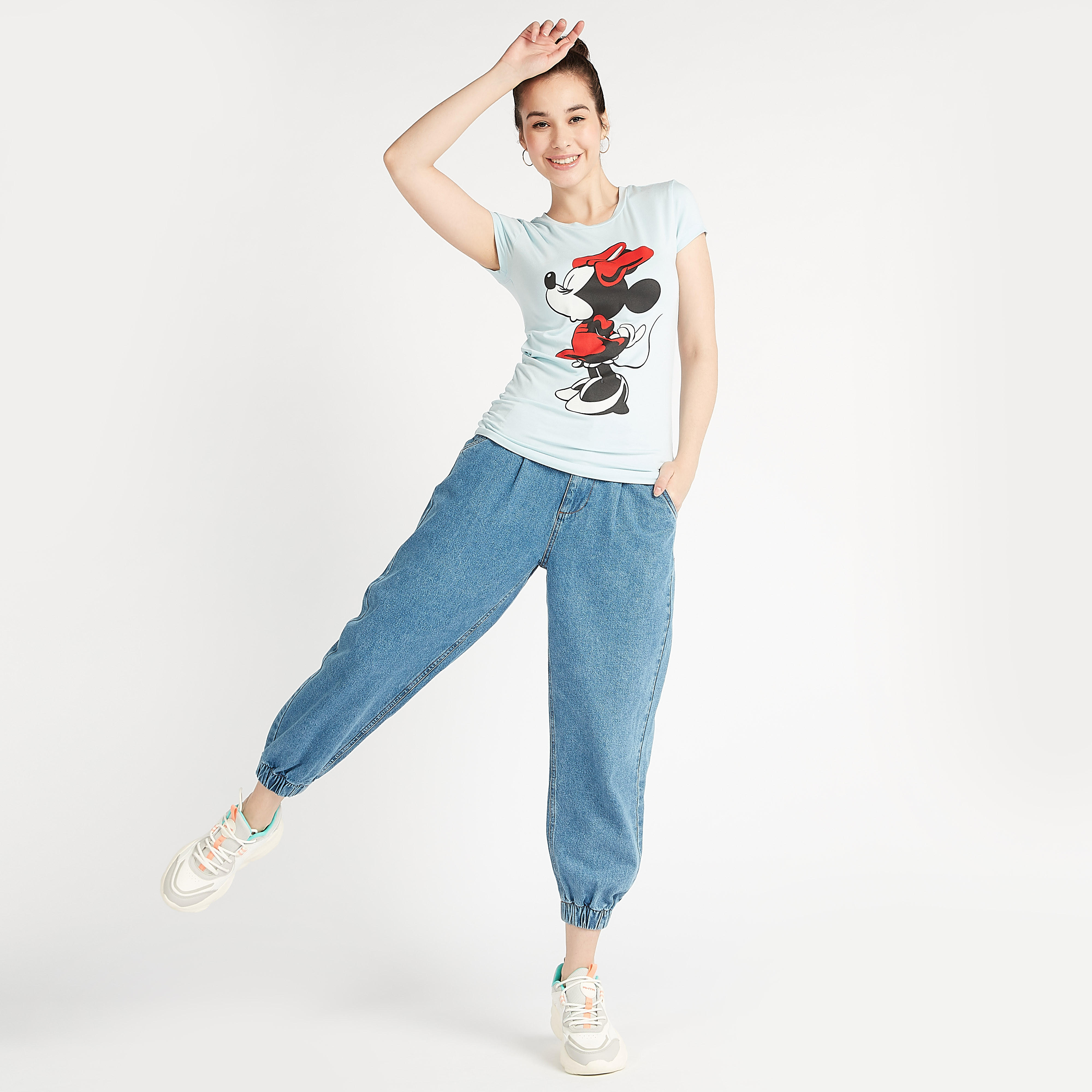 Minnie Mouse Print Crew Neck T-shirt with Cap Sleeves-women-clothing-tshirts-image-1