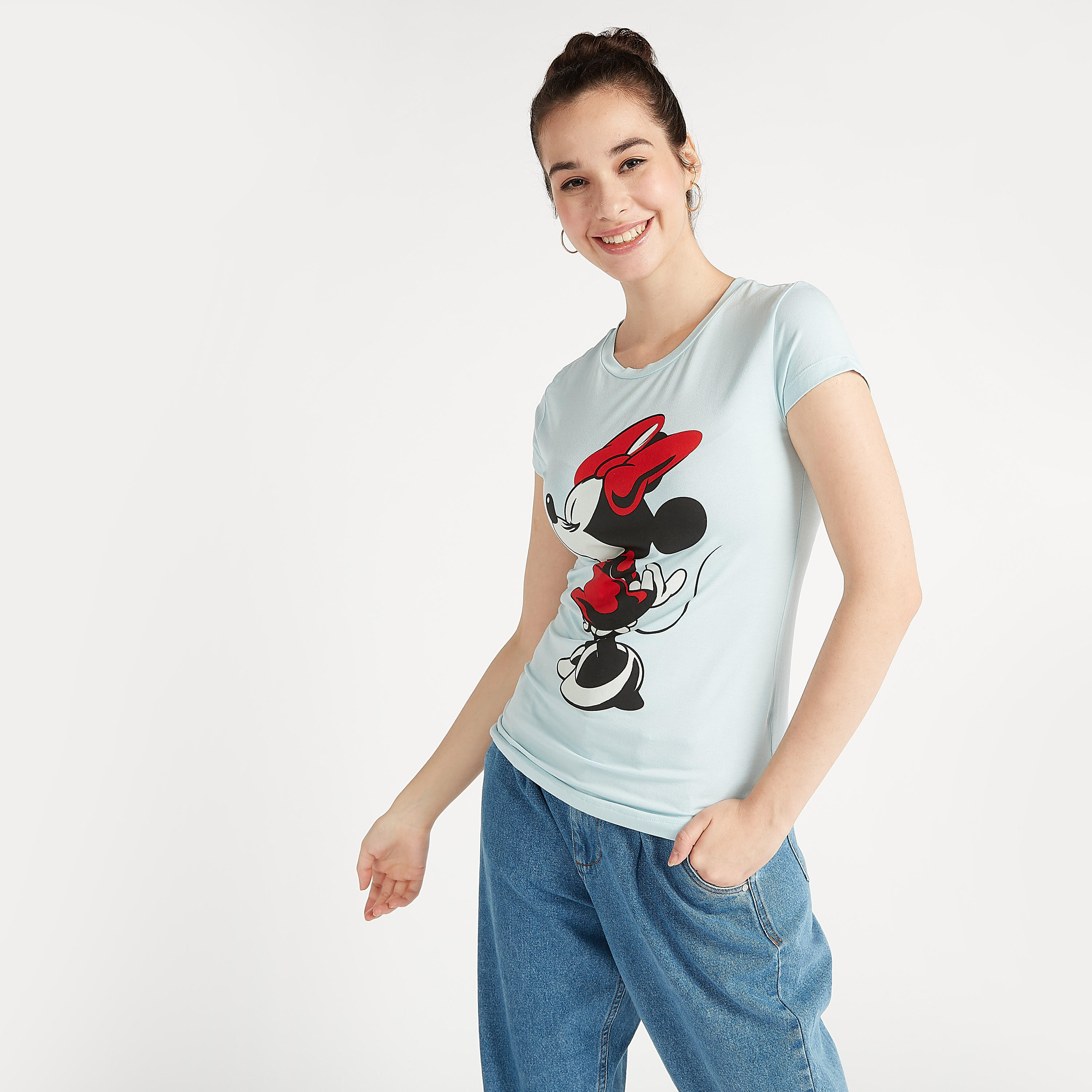 Minnie Mouse Print Crew Neck T-shirt with Cap Sleeves-women-clothing-tshirts-image-2