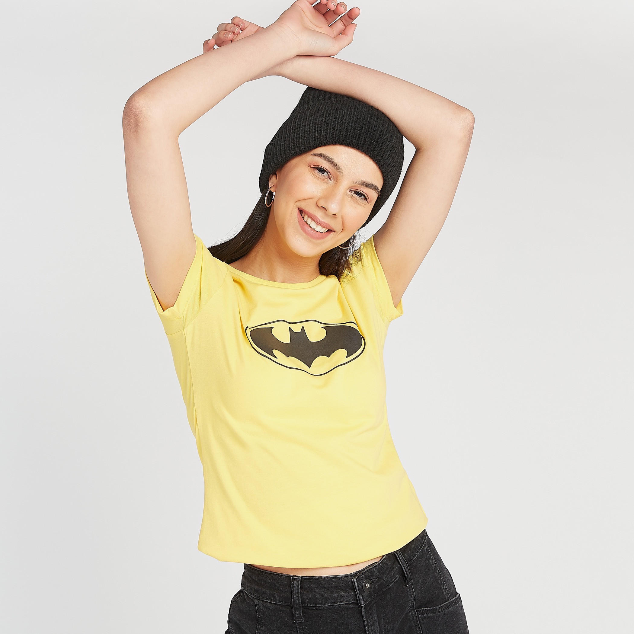 Batman Logo Print Crew Neck T-shirt with Cap Sleeves-women-clothing-tshirts-image-1