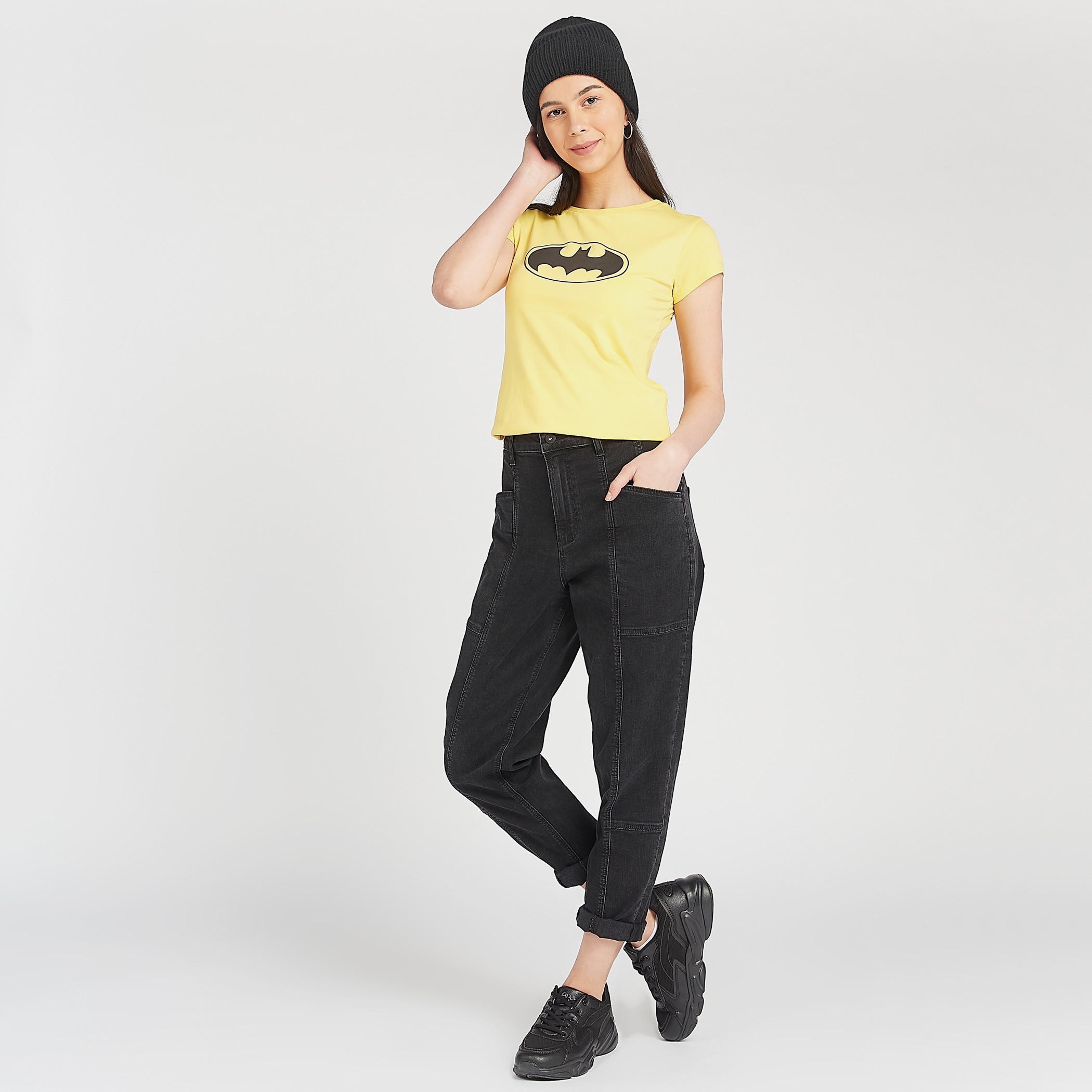 Batman Logo Print Crew Neck T-shirt with Cap Sleeves-women-clothing-tshirts-image-2