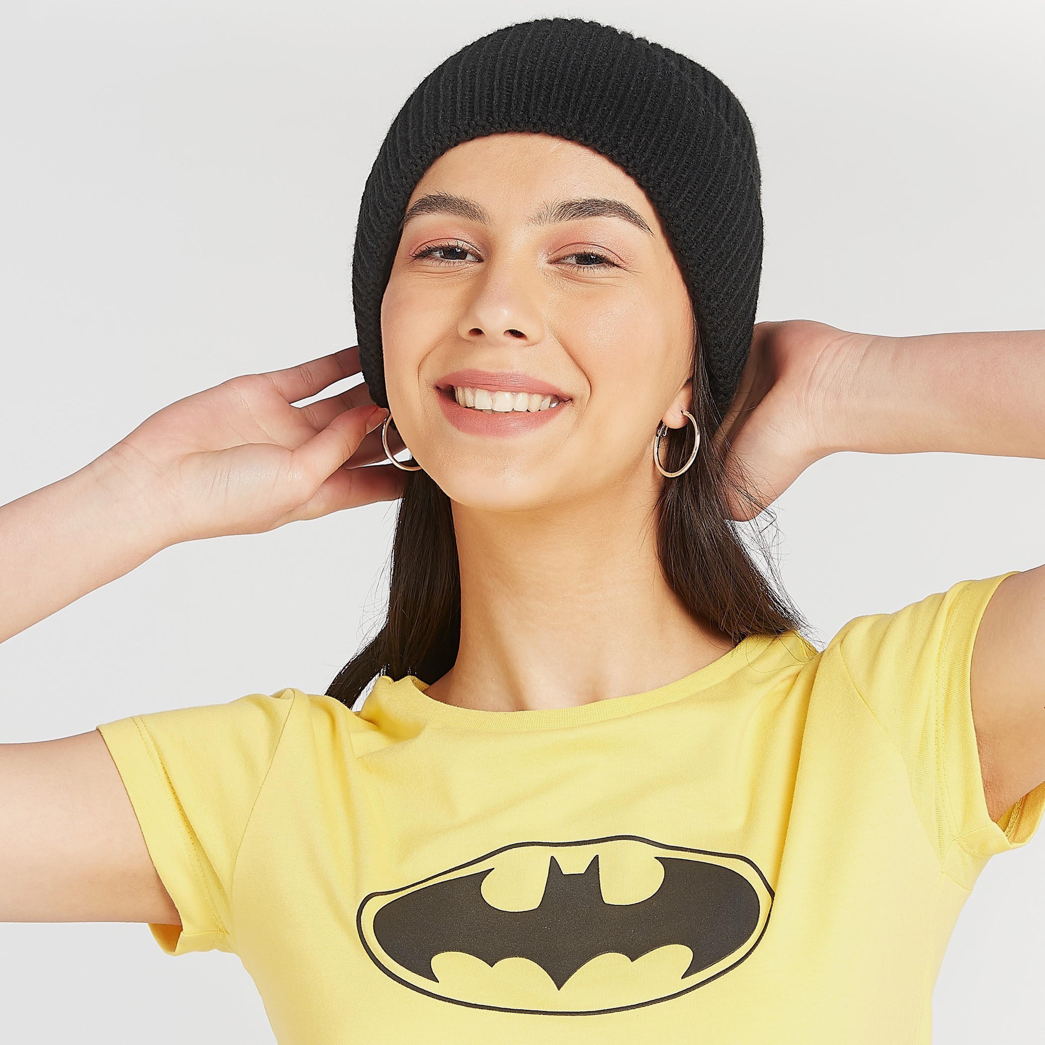 Batman Logo Print Crew Neck T-shirt with Cap Sleeves-women-clothing-tshirts-image-3
