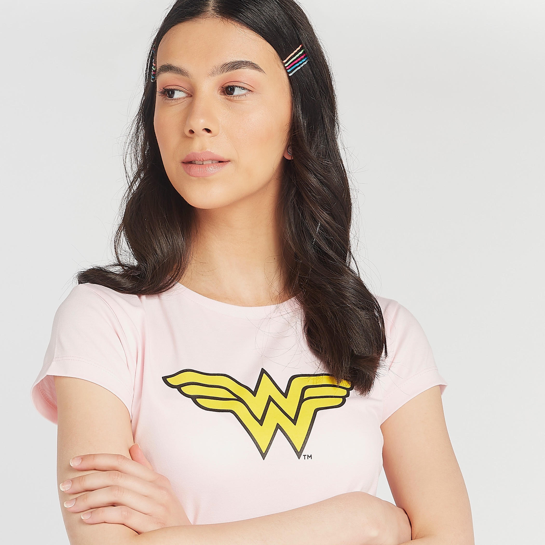 Wonder Woman Logo Print Crew Neck T-shirt with Short Sleeves-women-clothing-tshirts-image-3