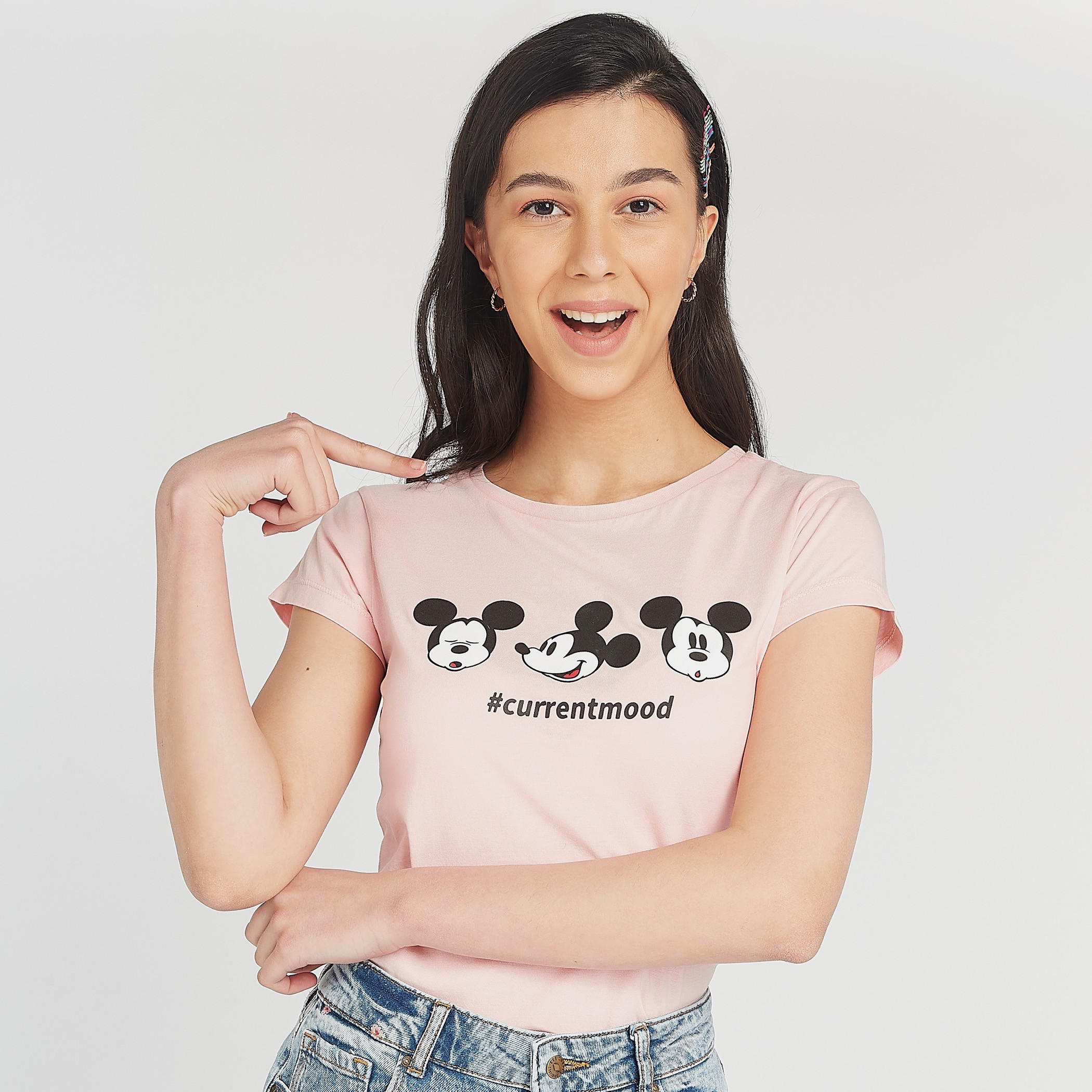 Mickey Mouse Print Crew Neck T-shirt with Cap Sleeves-women-clothing-tshirts-image-1