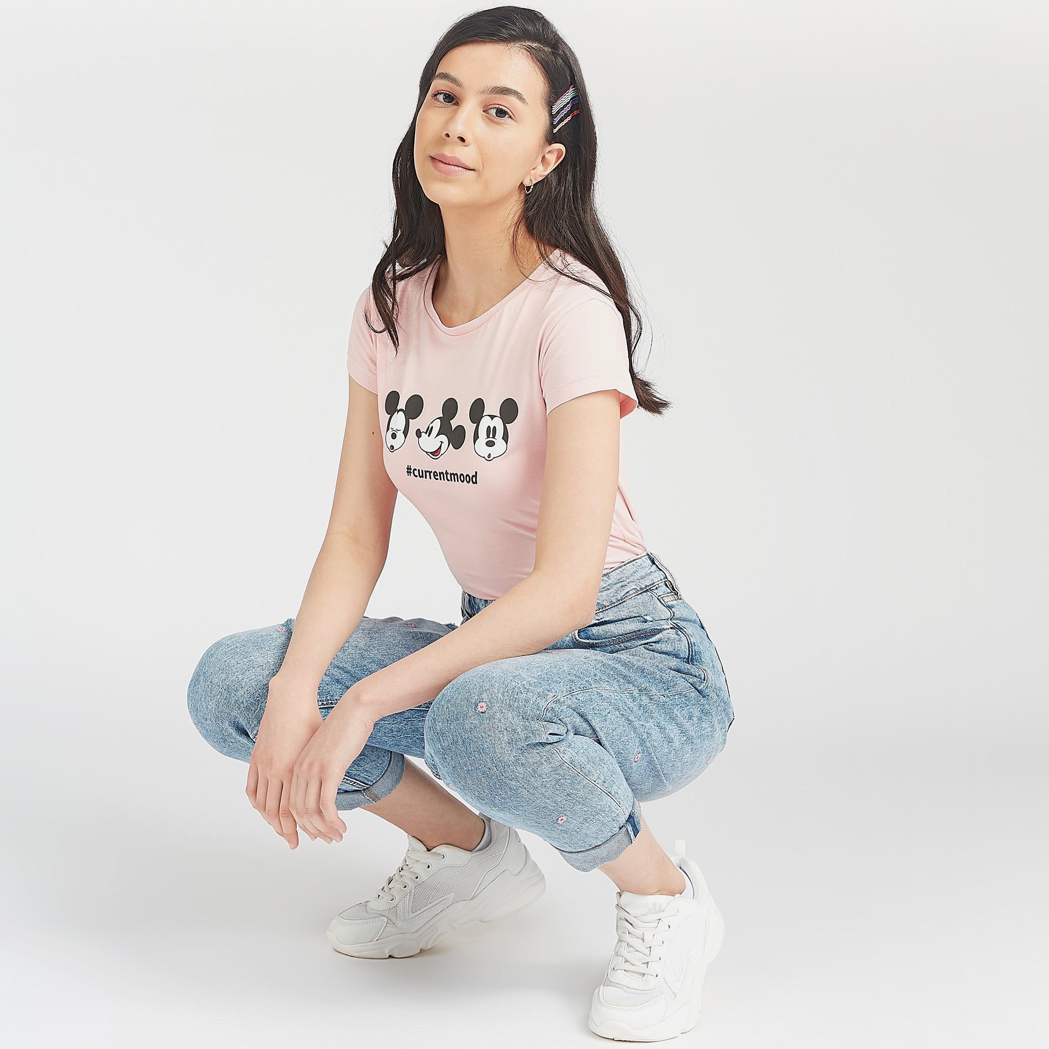 Mickey Mouse Print Crew Neck T-shirt with Cap Sleeves-women-clothing-tshirts-image-3